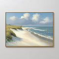 Hand painted original oil painting coastal beach sandy dunes sea grass blue green ocean waves canvas wall art elegant luxury modern nordic scandinavia