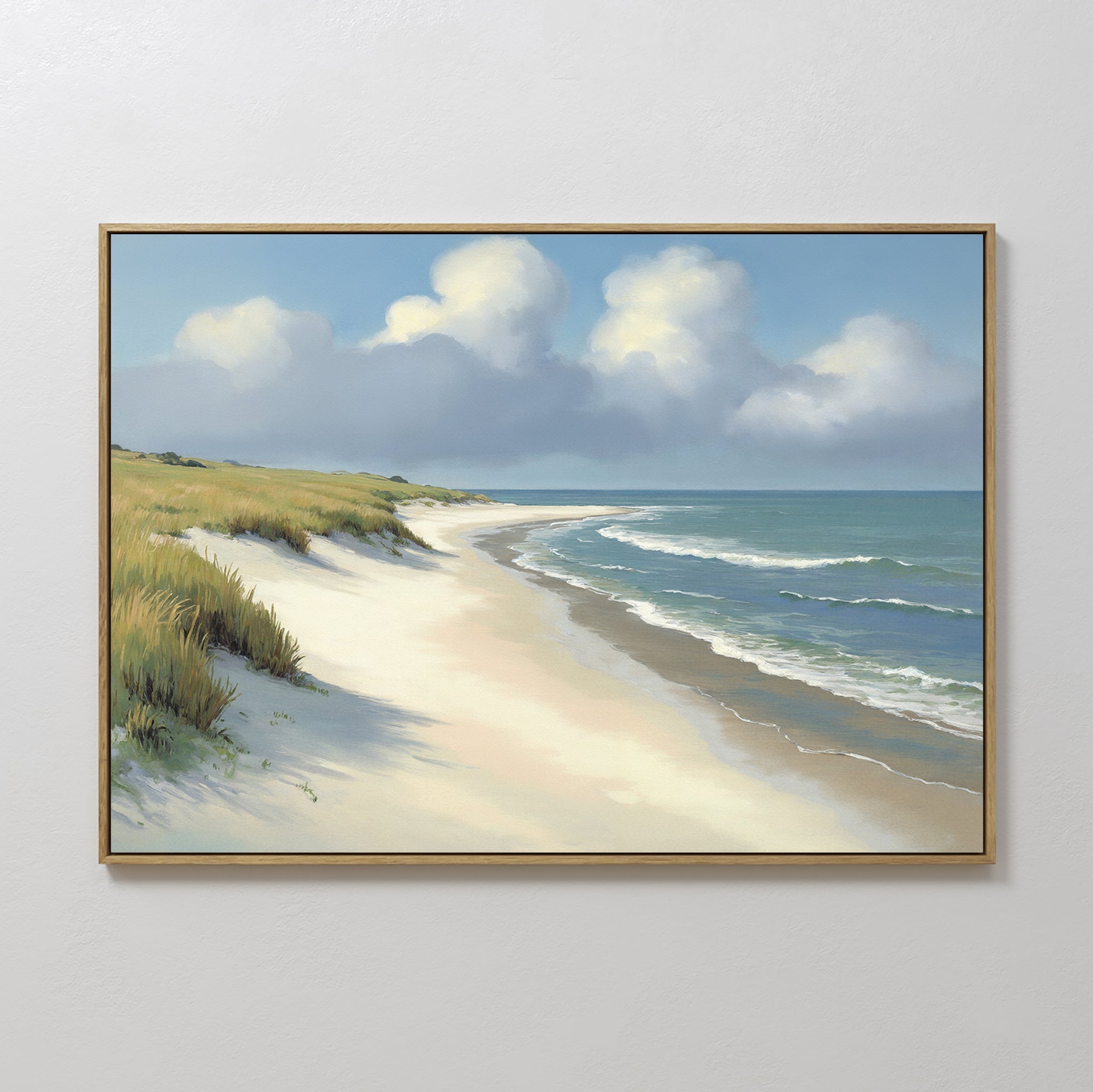 Hand painted original oil painting coastal beach sandy dunes sea grass blue green ocean waves canvas wall art elegant luxury modern nordic scandinavia