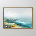 Hand painted original teal coastal oil painting canvas wall art, wildflower cliffside misty ocean nordic scandinavian elegant luxury modern interior d
