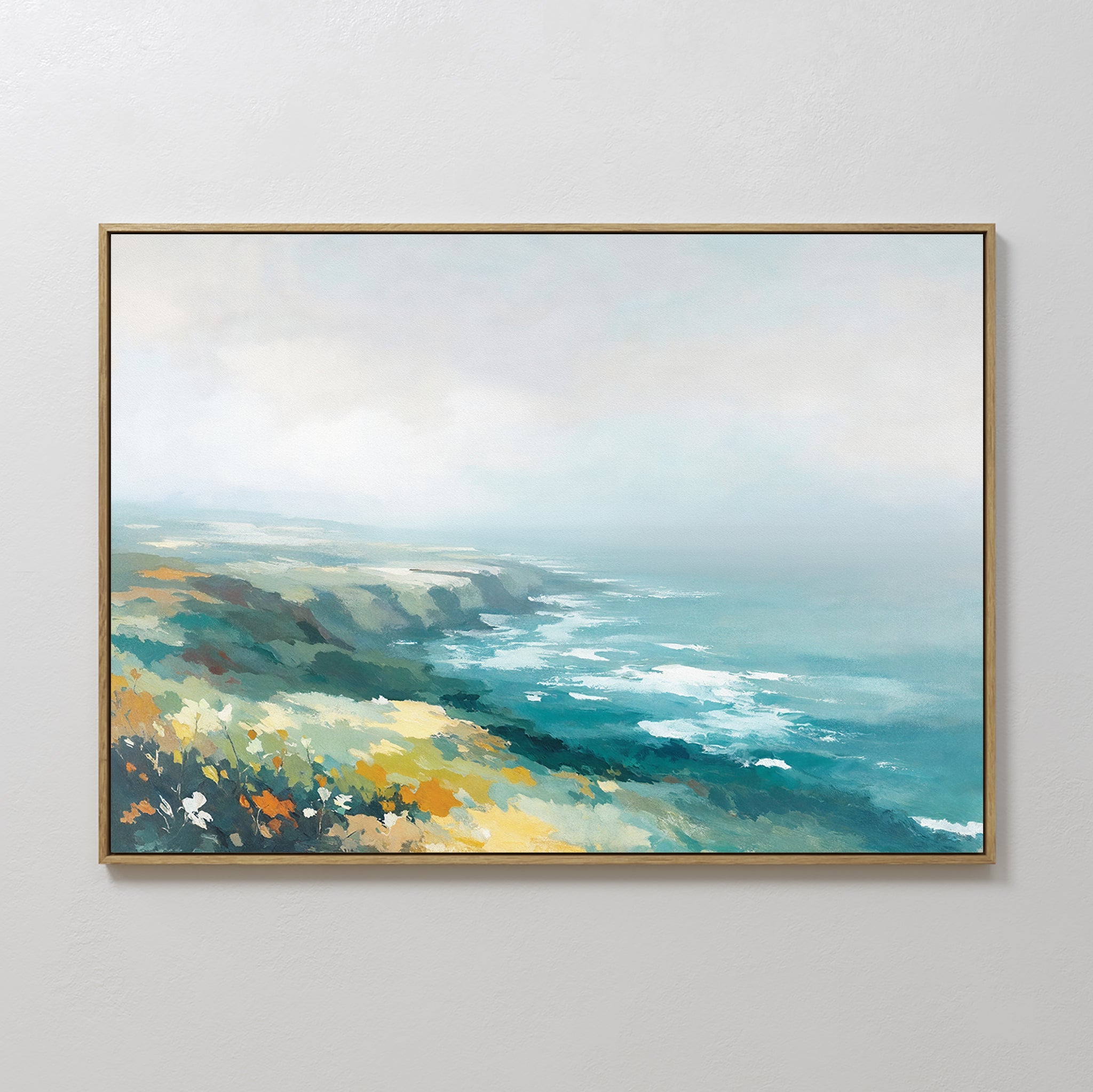 Hand painted original teal coastal oil painting canvas wall art, wildflower cliffside misty ocean nordic scandinavian elegant luxury modern interior d