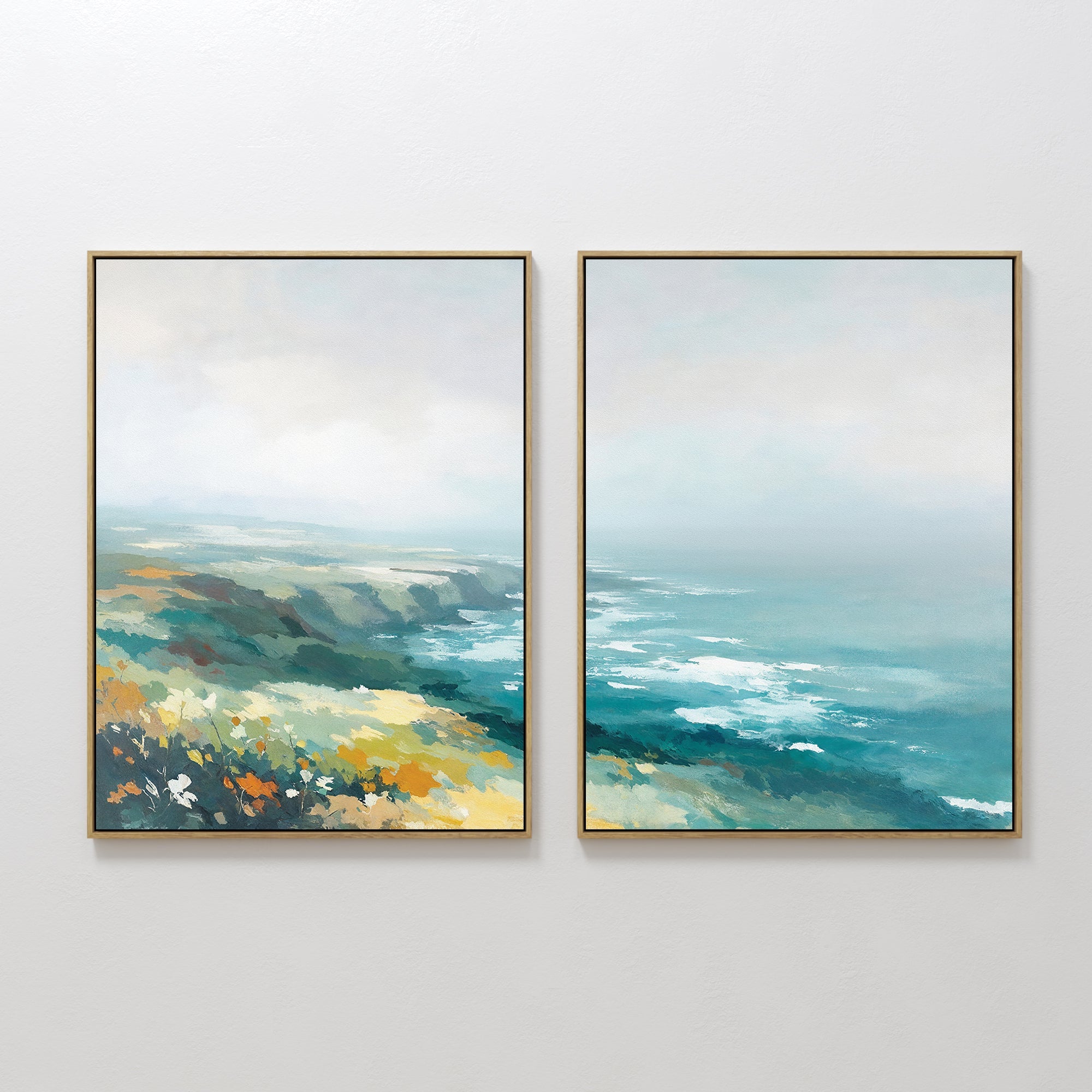 Hand painted original teal green coastal diptych oil painting canvas wall art, nordic scandinavian elegant luxury modern living room home decor interi
