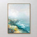 Original hand painted teal coastal cliffs oil painting canvas wall art, wildflowers fog ocean, nordic scandinavian elegant luxury modern home decor in