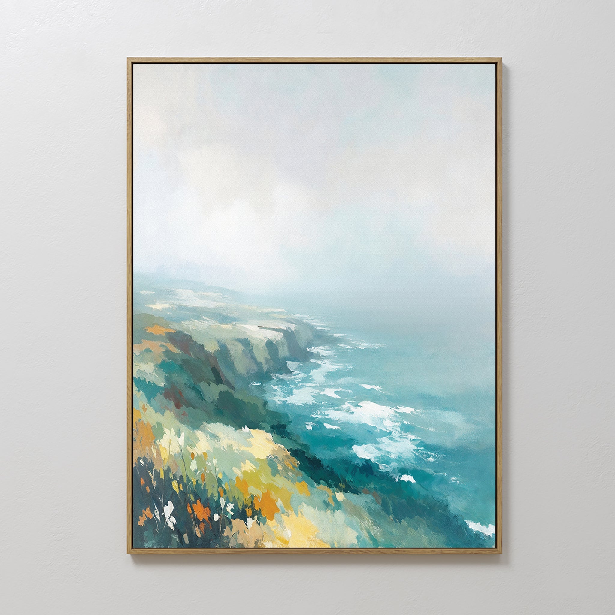 Original hand painted teal coastal cliffs oil painting canvas wall art, wildflowers fog ocean, nordic scandinavian elegant luxury modern home decor in