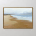 Hand painted original oil painting sandy golden beach blue ocean misty sky canvas wall art nordic scandinavian elegant luxury modern coastal home deco