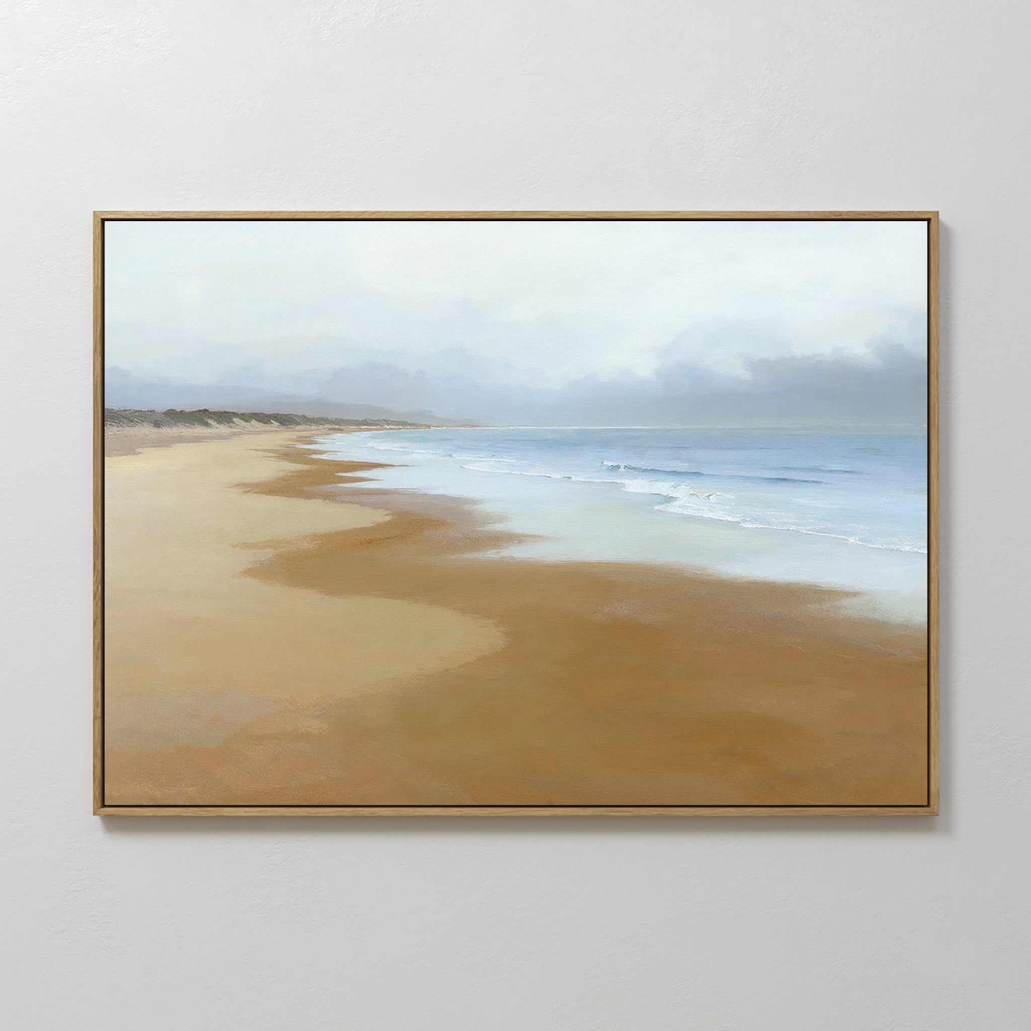 Hand painted original oil painting sandy golden beach blue ocean misty sky canvas wall art nordic scandinavian elegant luxury modern coastal home deco