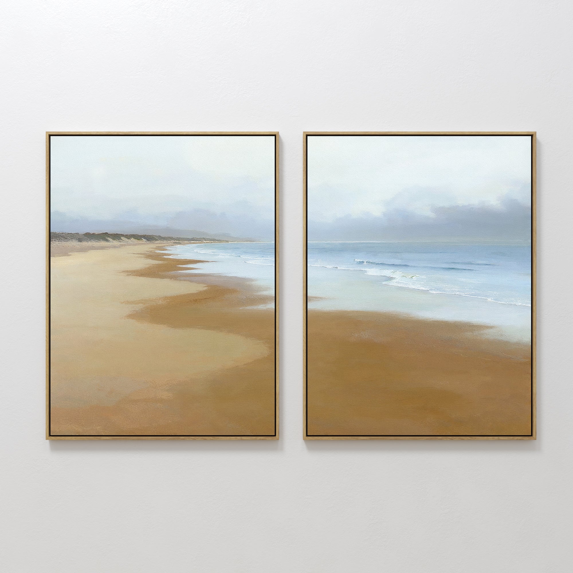 Hand painted original oil painting diptych sandy golden beach blue ocean waves moody sky canvas wall art nordic scandinavian elegant luxury modern coa