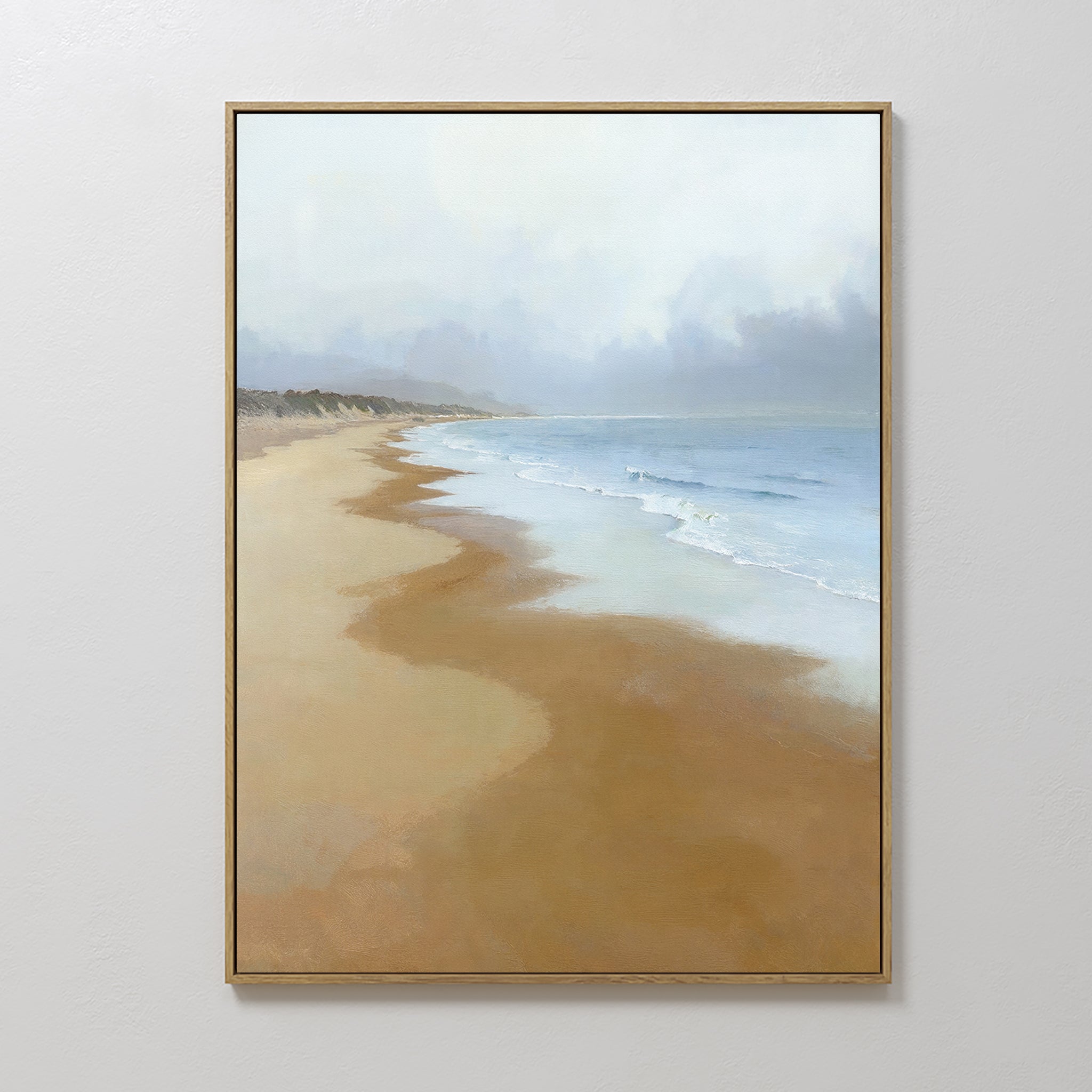 Original hand painted golden sandy beach coastal oil painting canvas wall art, soft blue ocean waves nordic scandinavian elegant luxury modern home de