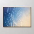 Original hand painted blue gold abstract oil painting canvas wall art, flowing white lines nordic scandinavian elegant luxury modern living room home