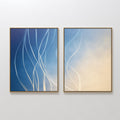 Hand painted original blue cream abstract oil painting canvas wall art diptych, nordic scandinavian elegant luxury modern living room interior design