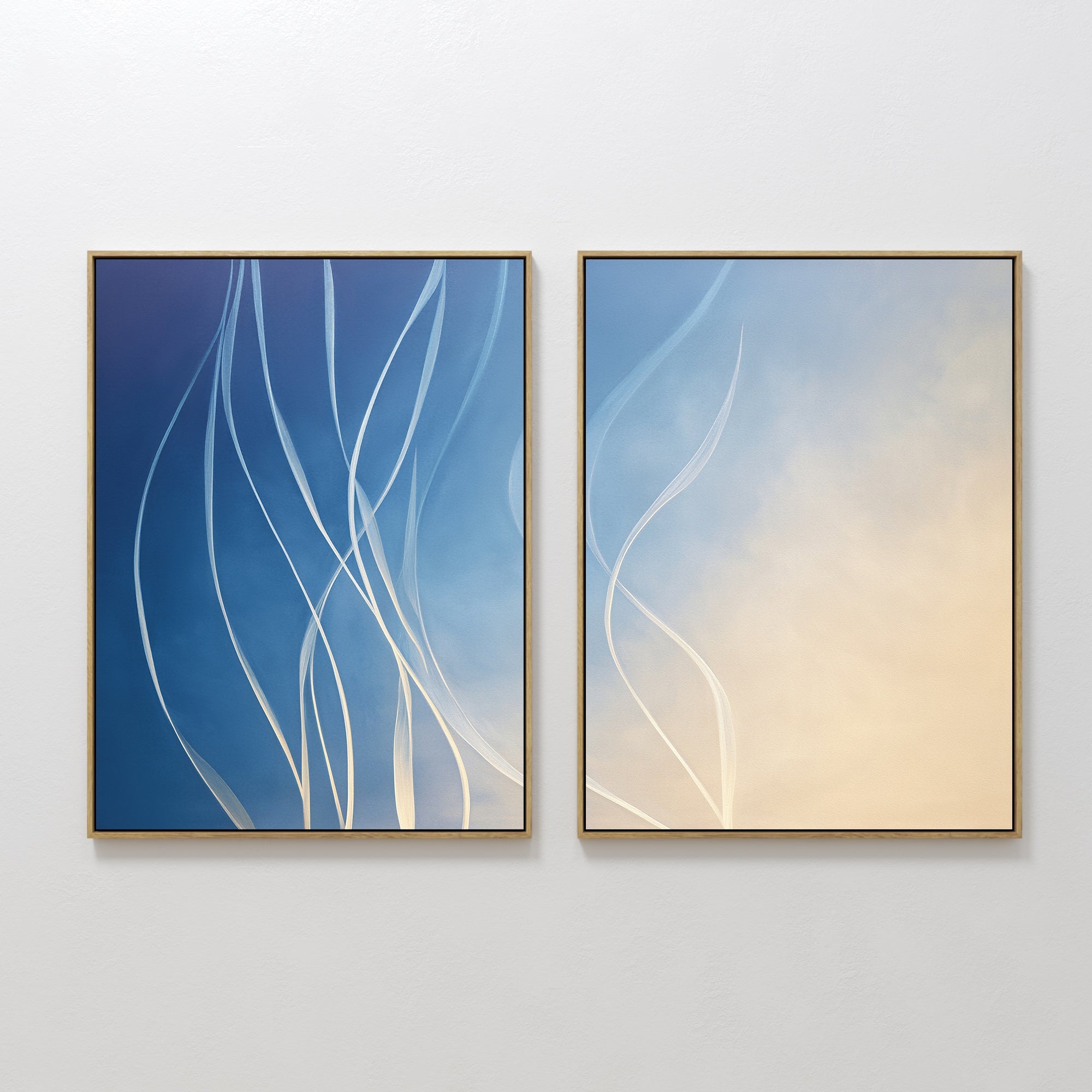 Hand painted original blue cream abstract oil painting canvas wall art diptych, nordic scandinavian elegant luxury modern living room interior design