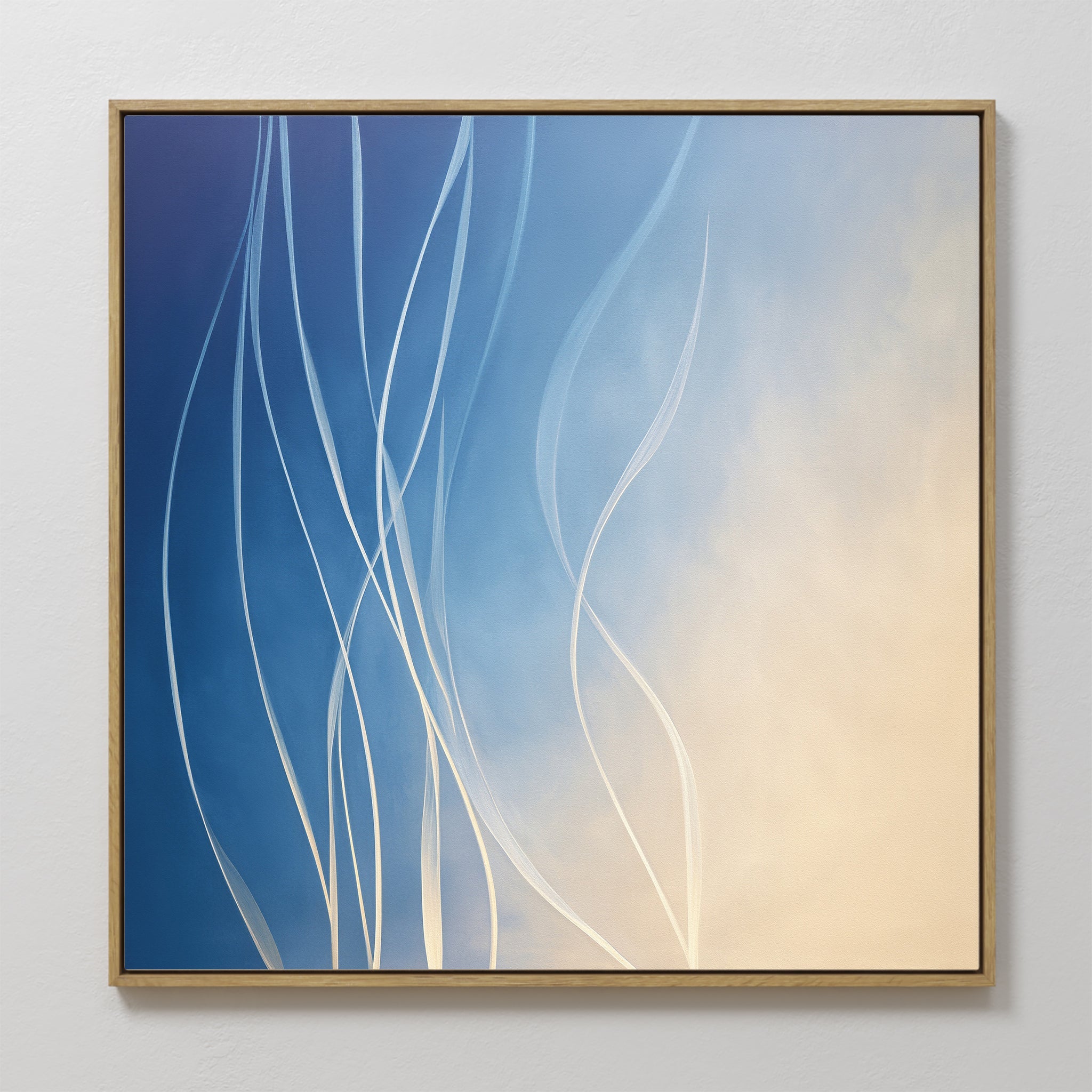 Original hand painted blue ivory flowing lines abstract oil painting canvas wall art, nordic scandinavian elegant luxury modern coastal home decor int