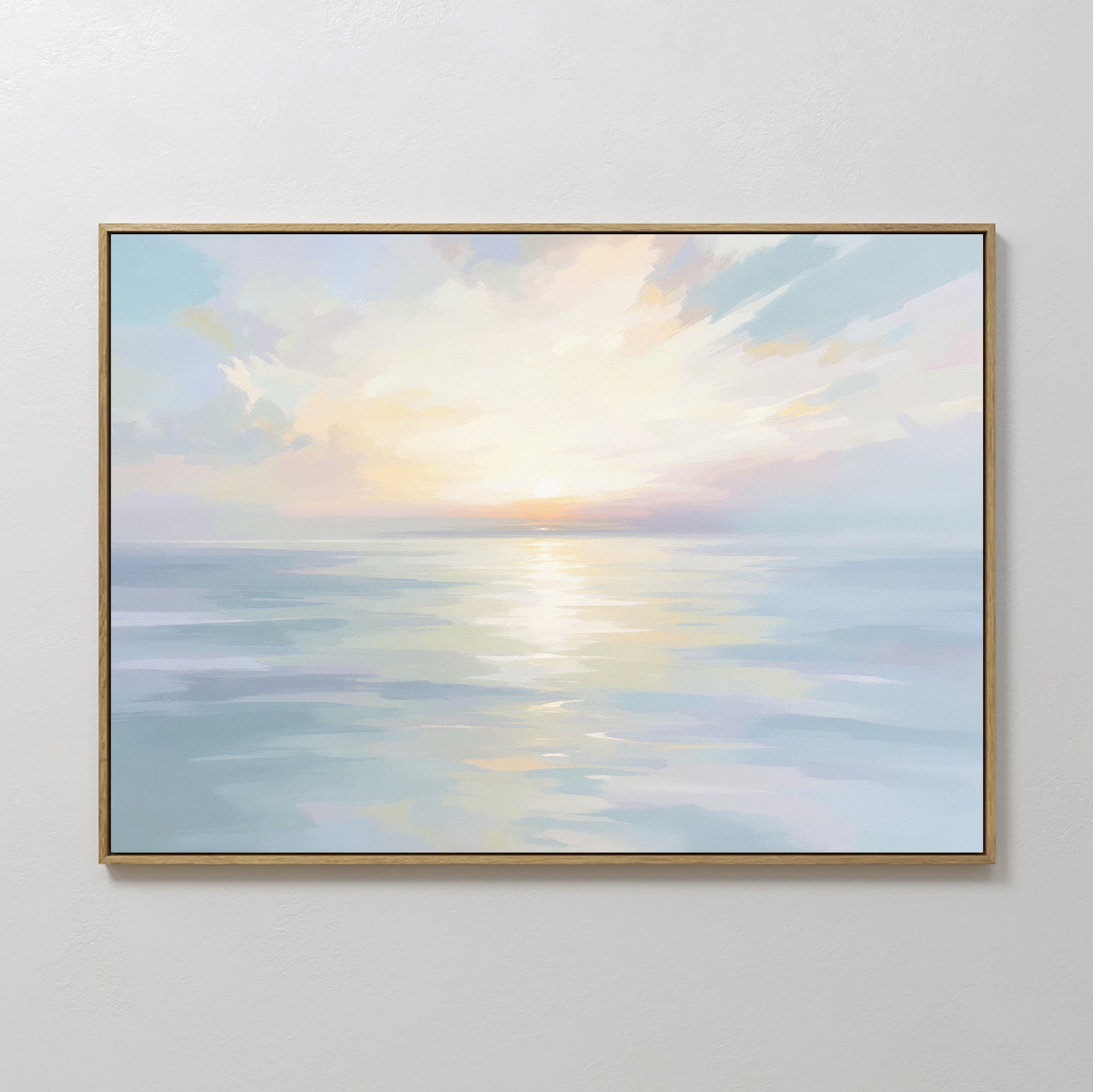 Original hand painted pastel blue peach gold ocean sunrise oil painting canvas wall art, nordic scandinavian elegant luxury minimalist modern coastal