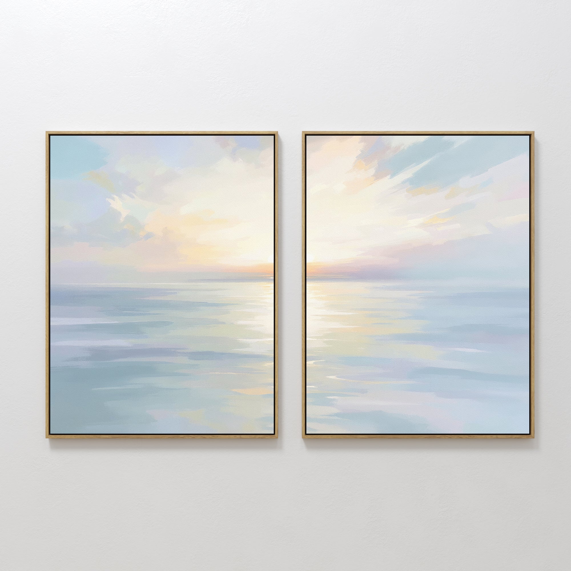 Original hand painted pastel blue gold coastal sunset diptych oil painting canvas wall art, nordic scandinavian elegant luxury modern bedroom home dec