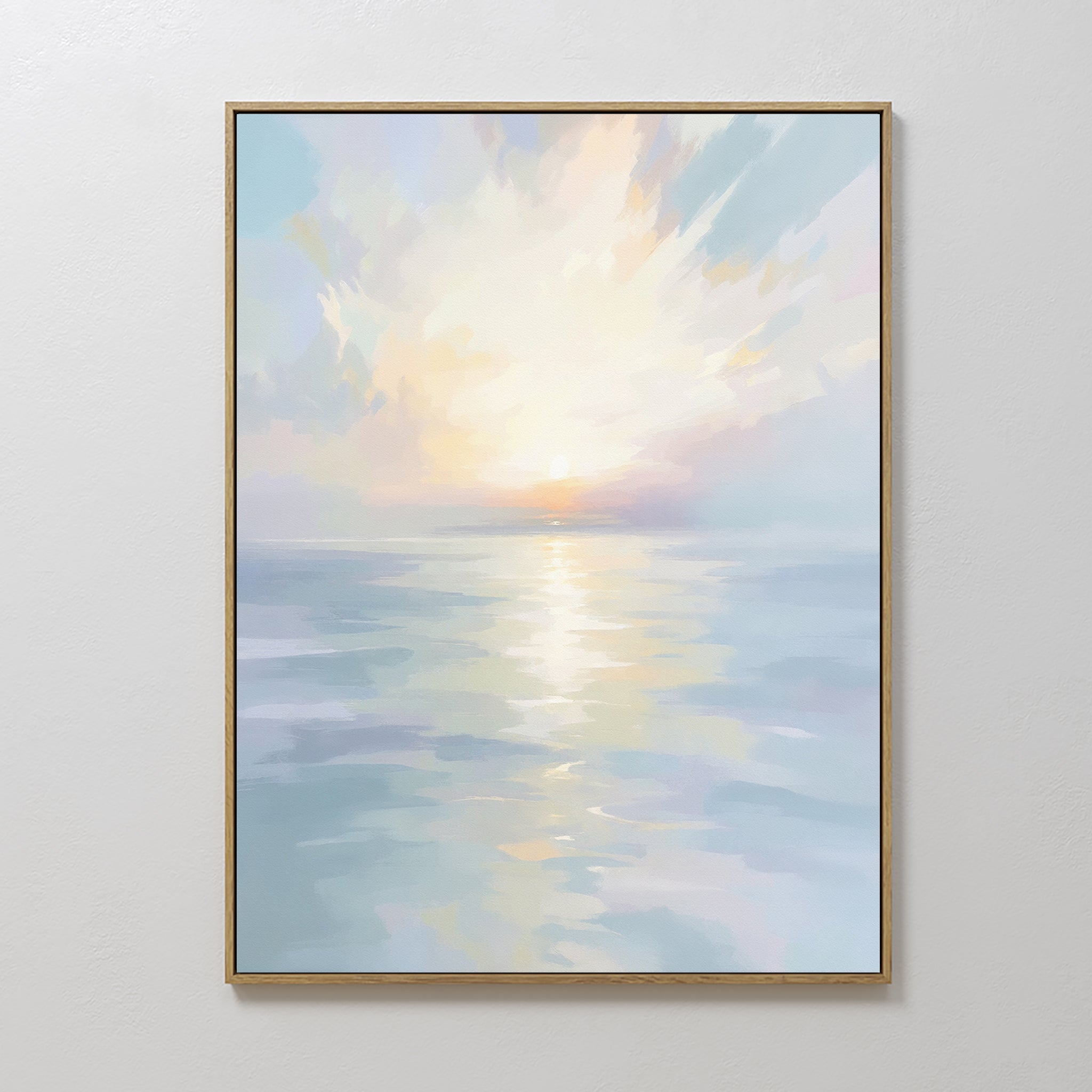Original hand painted pastel sunrise seascape oil painting canvas wall art, soft pearl blue peach tones, nordic scandinavian elegant luxury modern coa