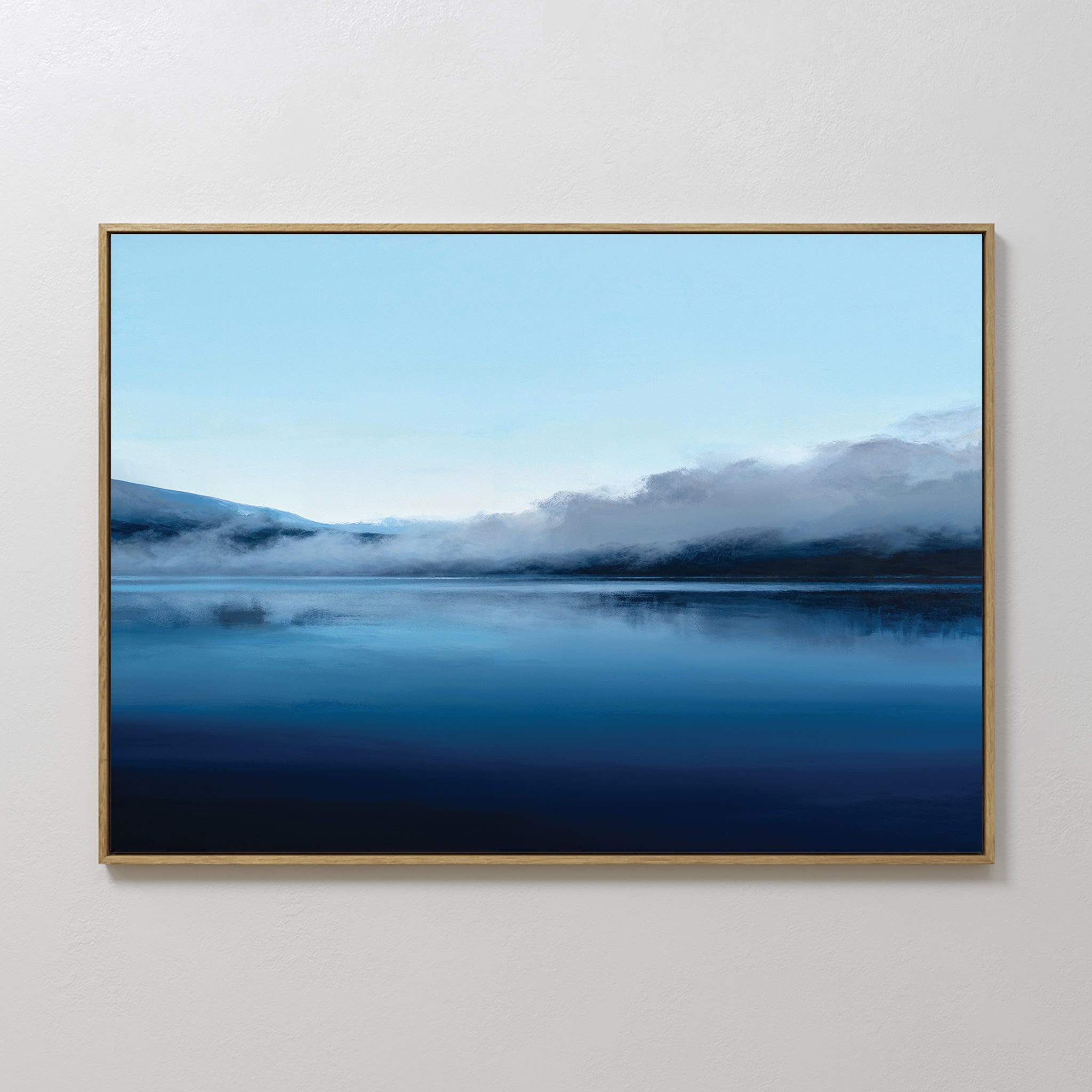 Original hand painted deep navy blue misty lake oil painting canvas wall art, nordic scandinavian elegant minimalist luxury modern living room home de