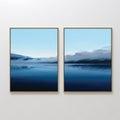 Original hand painted deep navy blue misty lake diptych oil painting canvas wall art, nordic scandinavian elegant luxury minimalist modern living room