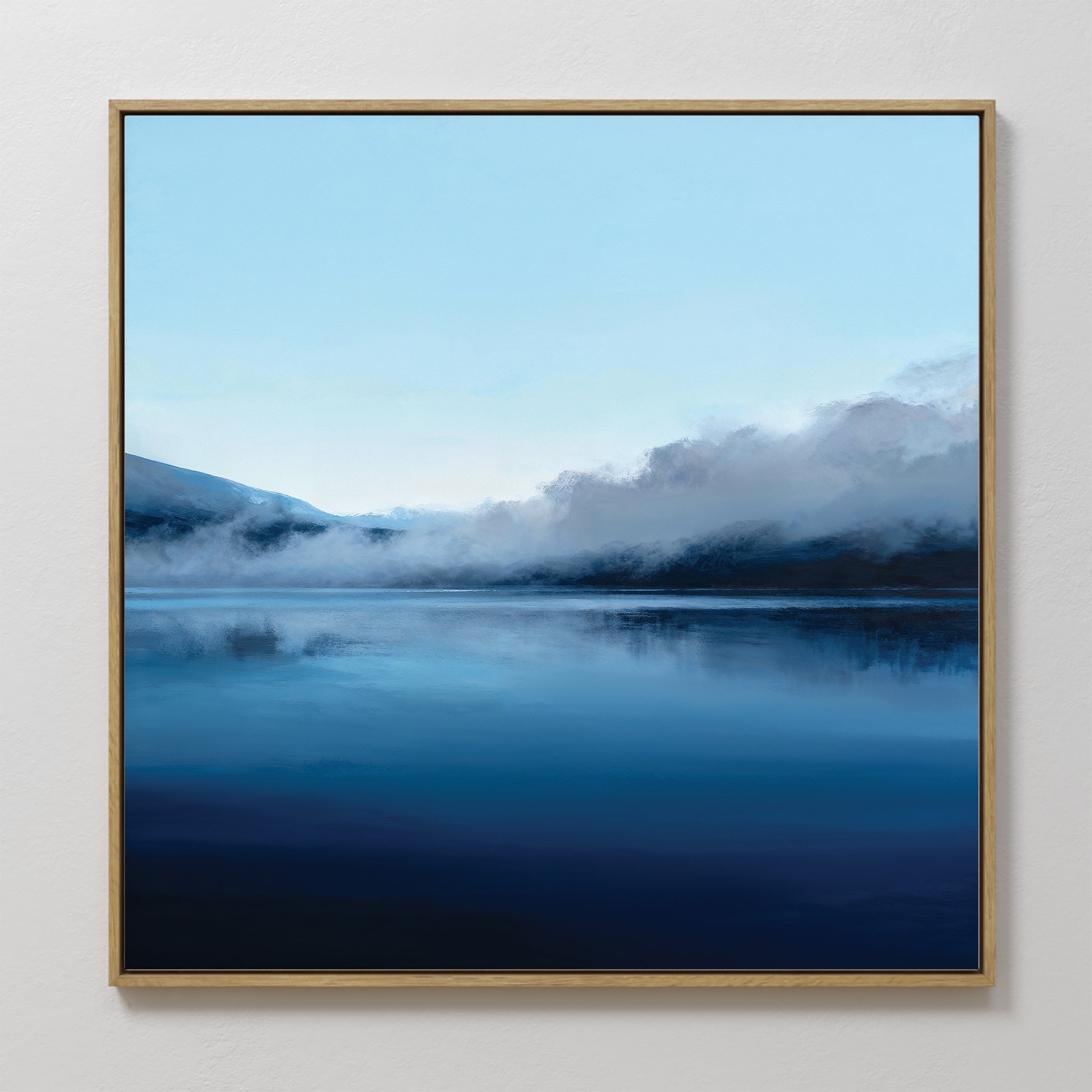 Hand painted original navy blue misty lake oil painting canvas wall art, nordic scandinavian elegant luxury modern living room home decor interior des