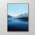 Original hand painted deep navy blue misty mountain lake oil painting canvas wall art, nordic scandinavian elegant luxury minimalist modern living roo