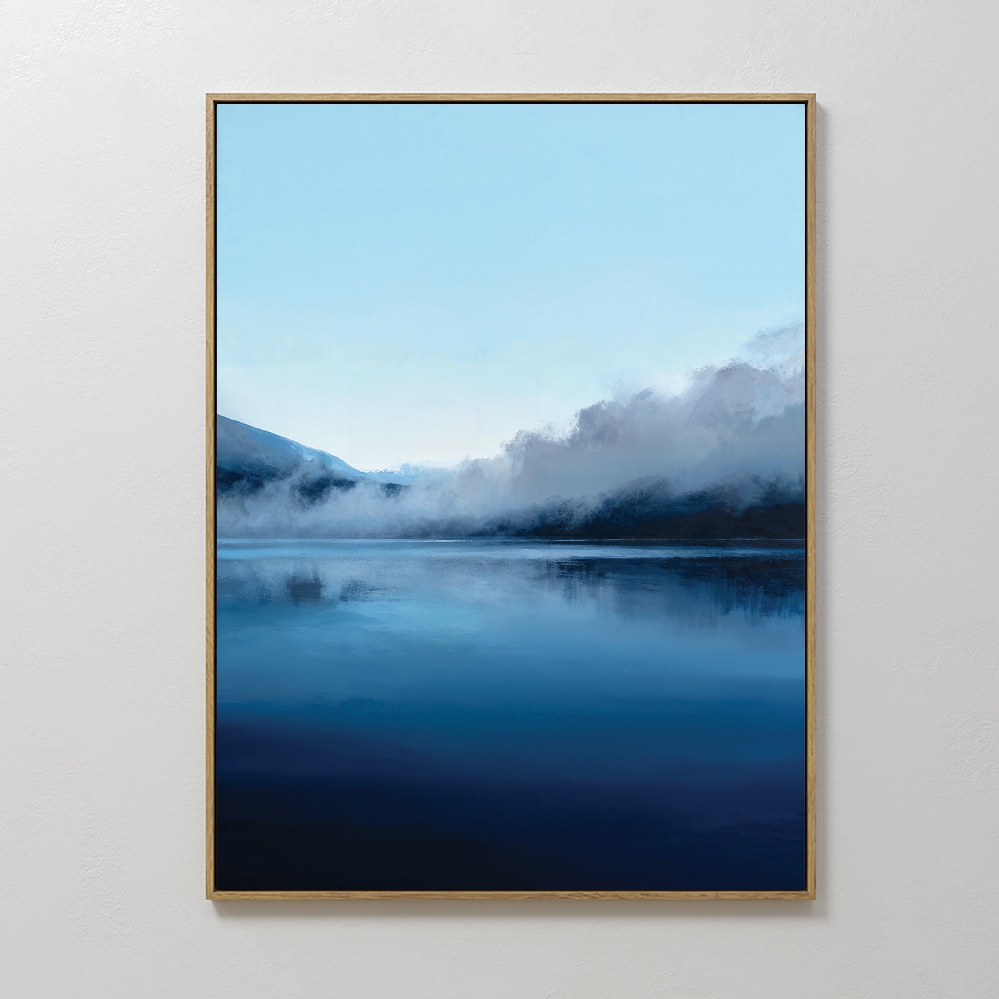 Original hand painted deep navy blue misty mountain lake oil painting canvas wall art, nordic scandinavian elegant luxury minimalist modern living roo