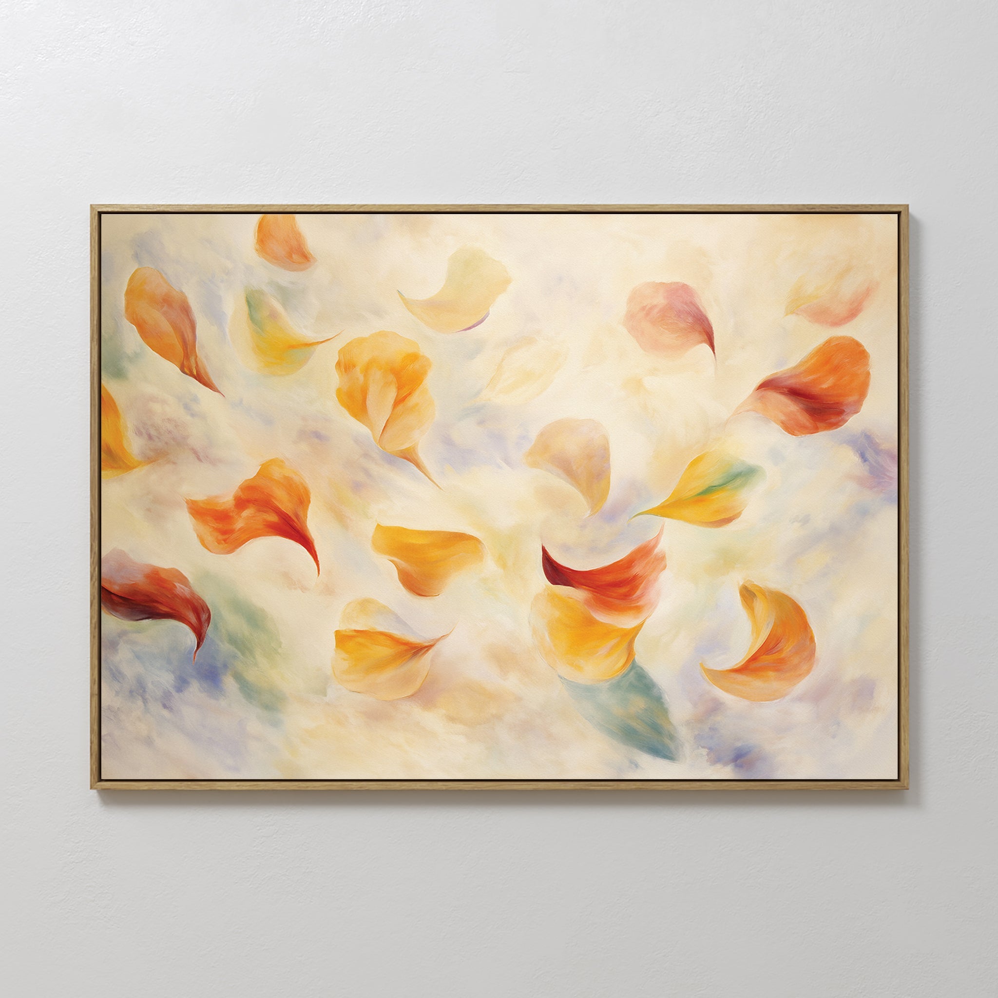Hand painted original amber orange floating petals oil painting canvas wall art, elegant luxury modern nordic scandinavian home decor interior design