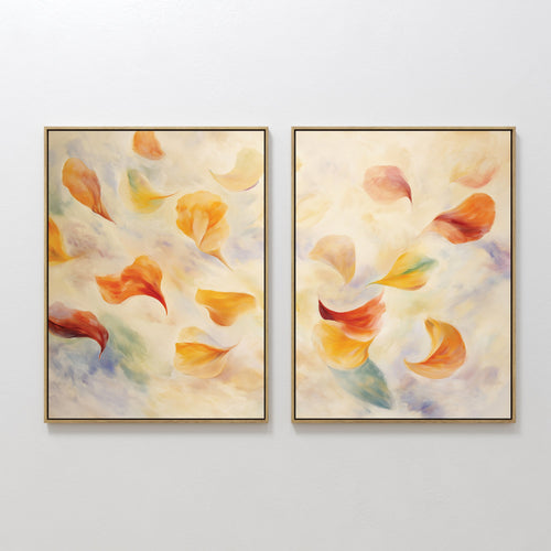 Original hand painted amber orange gold floating petals oil painting canvas wall art set of 2, nordic scandinavian elegant luxury modern botanical hom