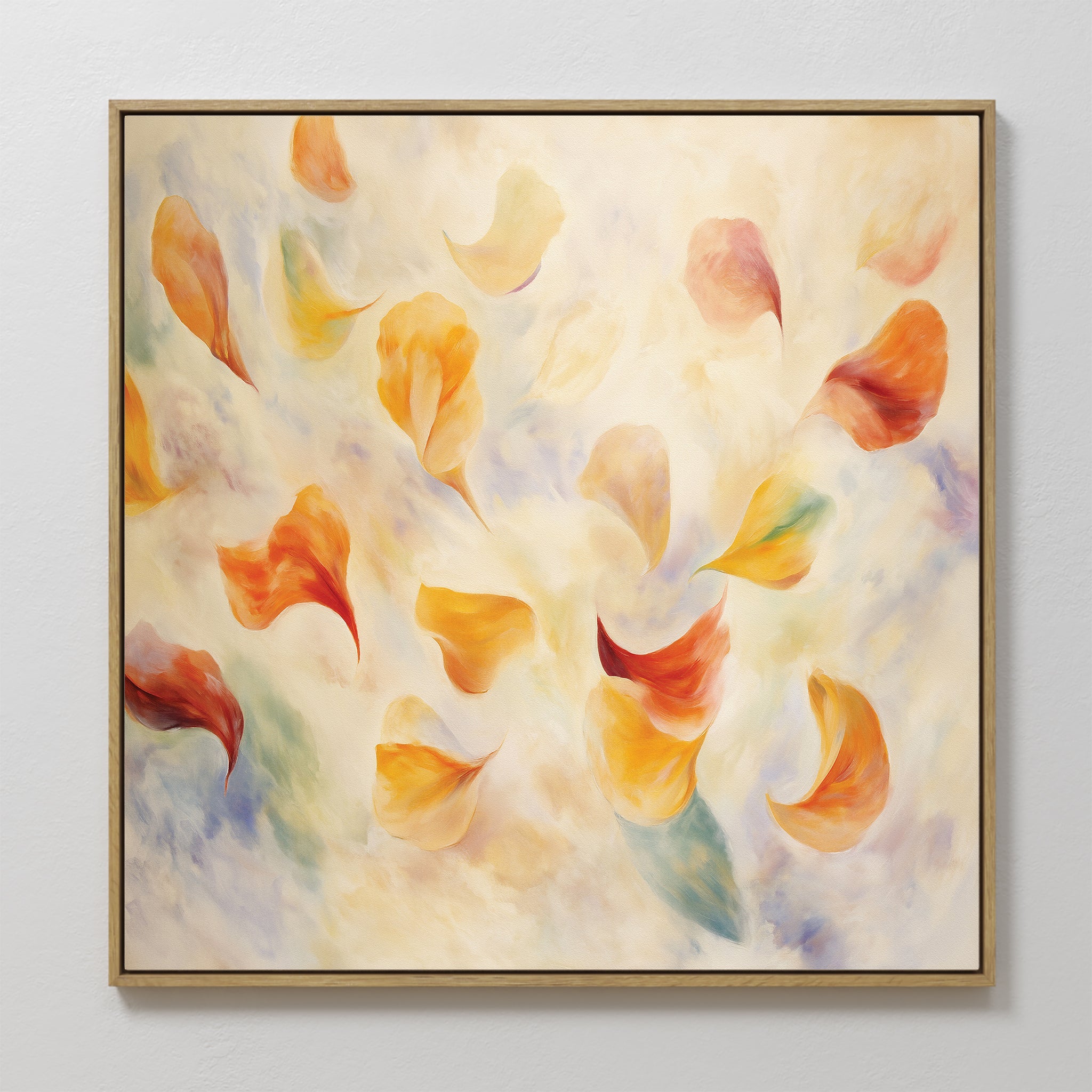 Original hand painted golden orange amber floating petals abstract oil painting canvas wall art, nordic scandinavian elegant luxury modern home decor