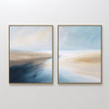 Original hand painted coastal sand and blue abstract oil painting canvas wall art diptych, nordic scandinavian elegant luxury modern living room home
