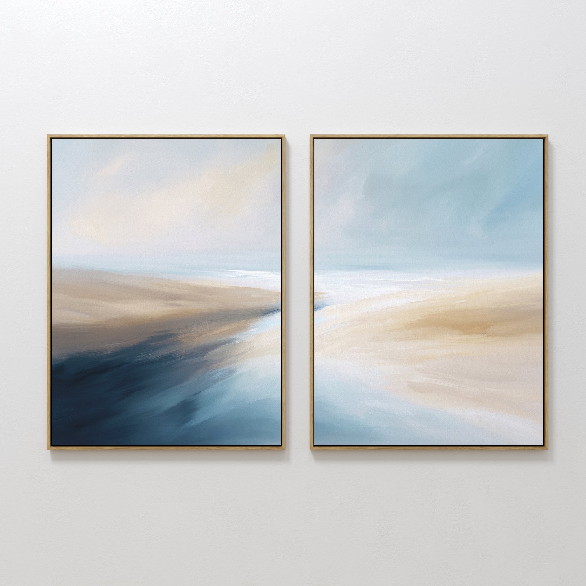Original hand painted coastal sand and blue abstract oil painting canvas wall art diptych, nordic scandinavian elegant luxury modern living room home