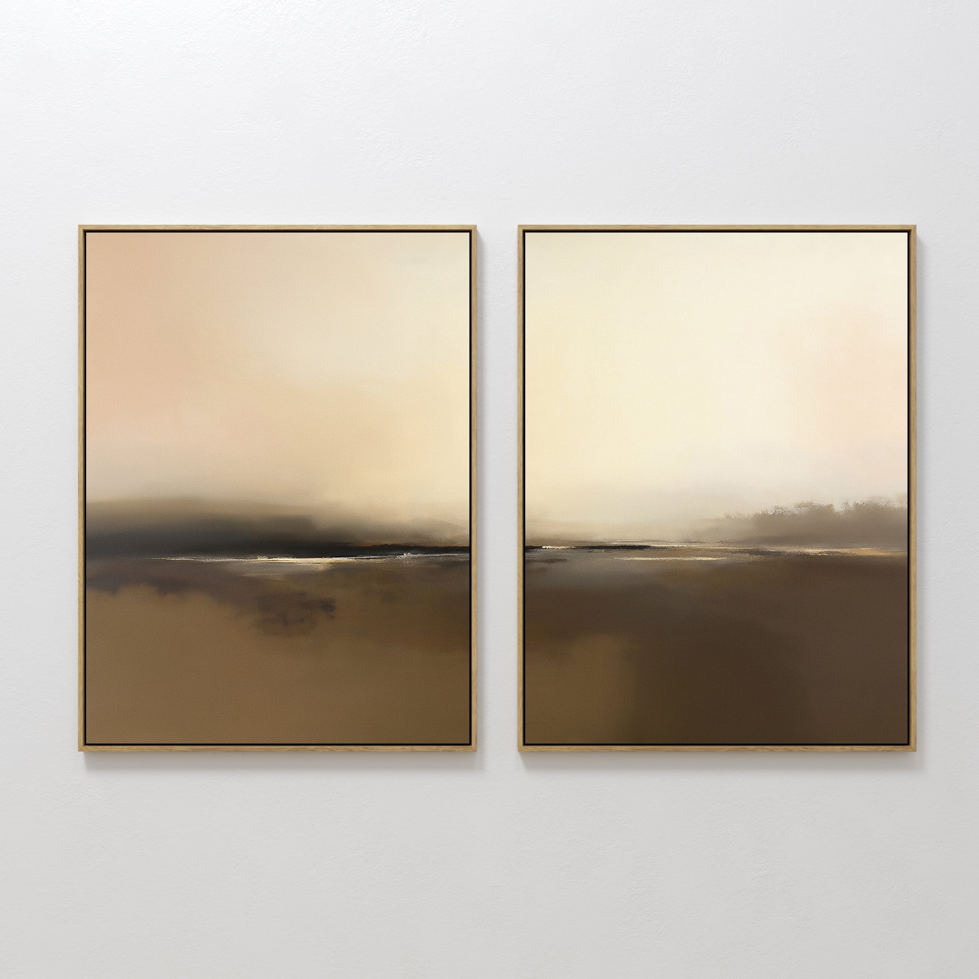 Original hand painted warm beige sand dark brown abstract landscape oil painting diptych canvas wall art, nordic scandinavian elegant luxury modern in