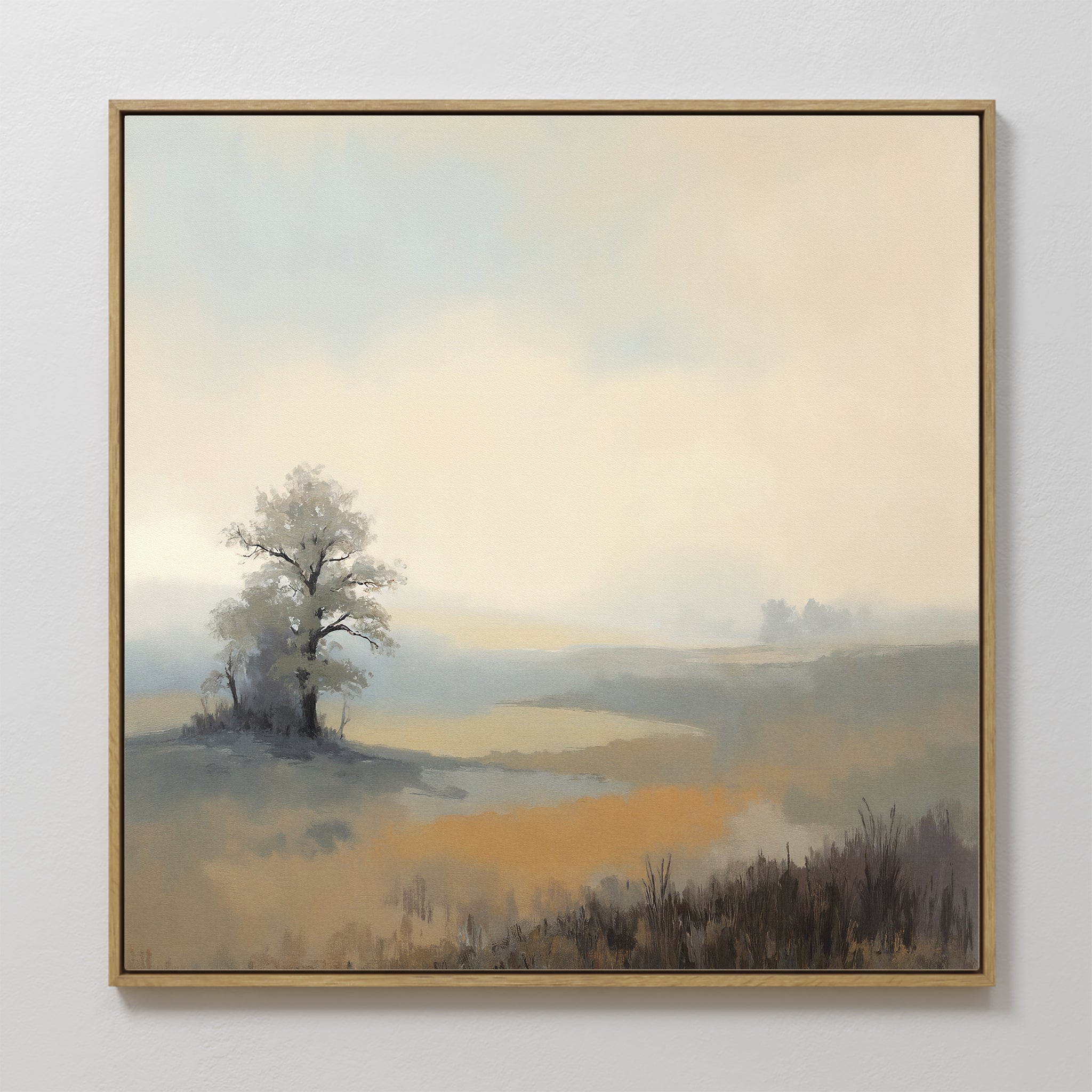 Original hand painted amber grey misty landscape oil painting canvas wall art, lone tree nordic scandinavian elegant luxury modern living room home de