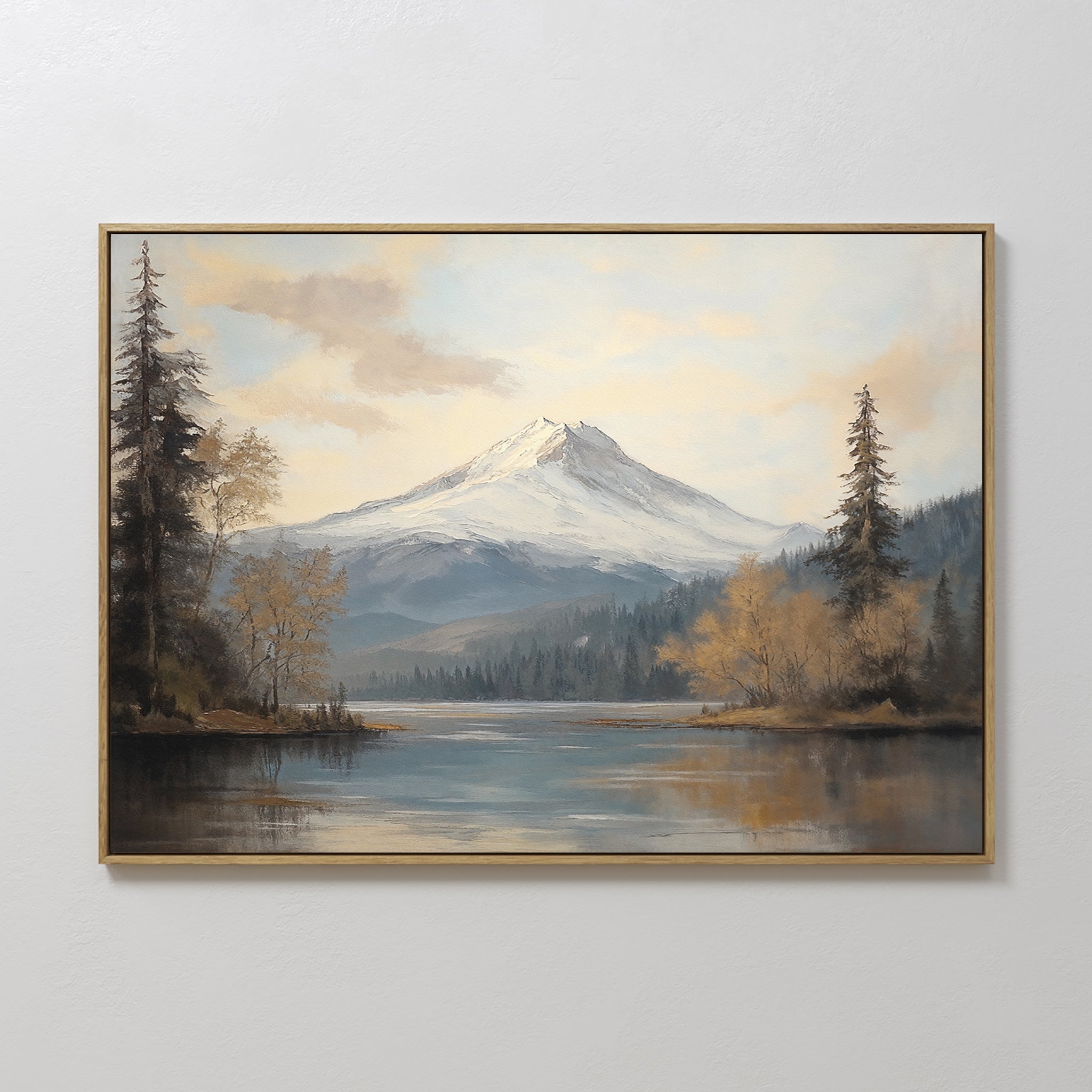 Original hand painted snow mountain lake oil painting canvas wall art, blue gold grey nordic scandinavian elegant luxury modern living room home decor