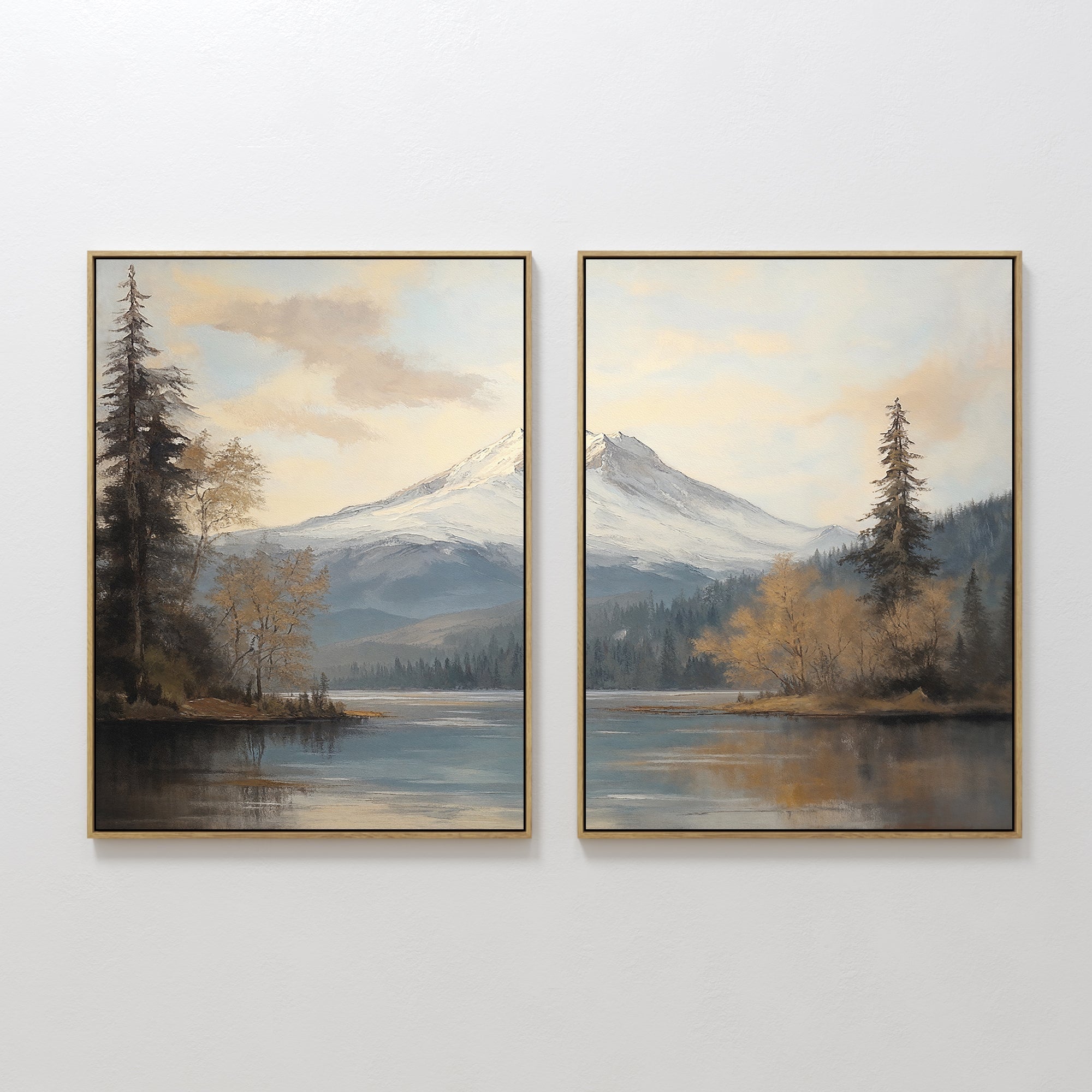 Original hand painted mountain lake diptych oil painting canvas wall art, amber blue nordic scandinavian elegant luxury modern living room home decor