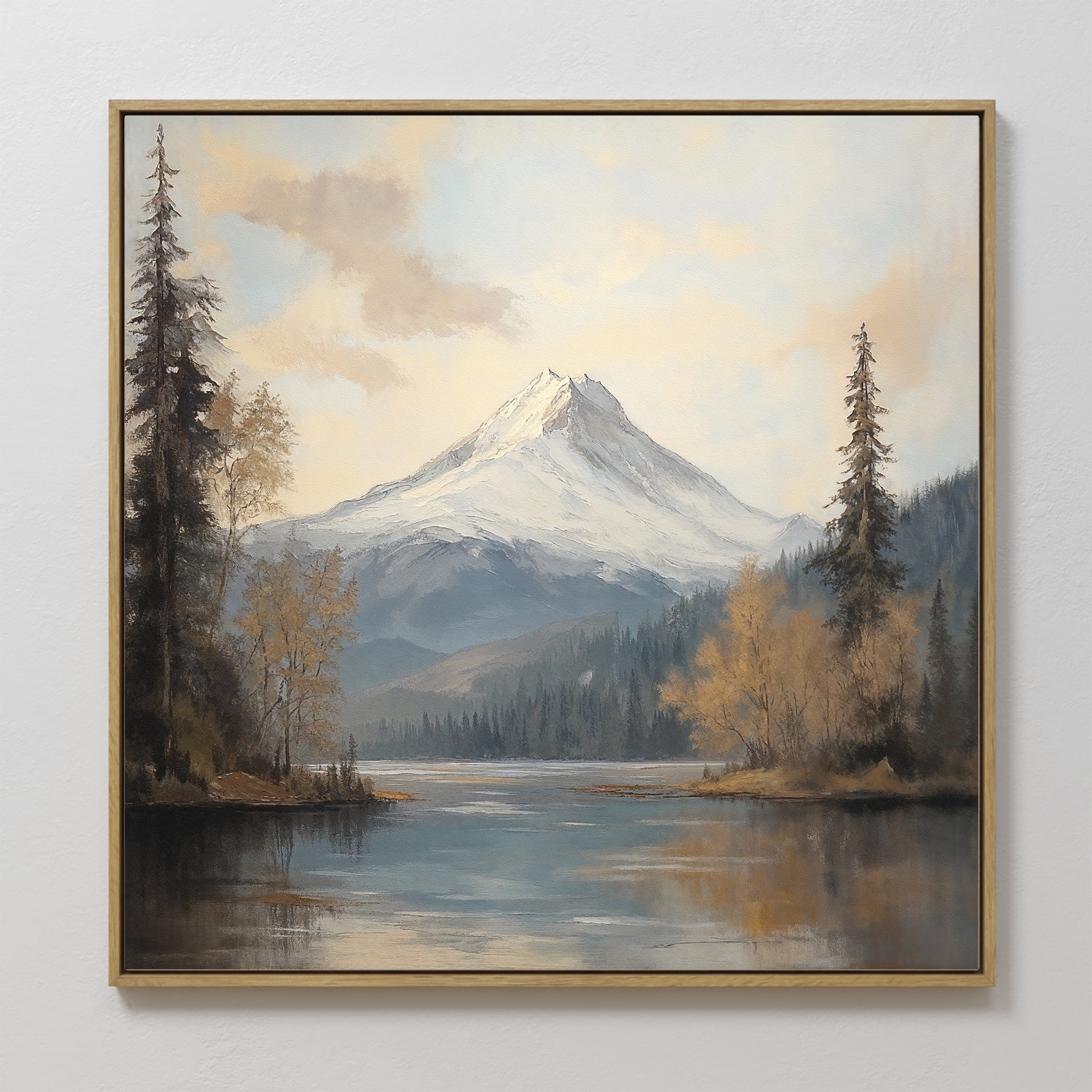 Original hand painted snow mountain lake oil painting canvas wall art, muted gold blue tones, nordic scandinavian elegant luxury modern home decor int