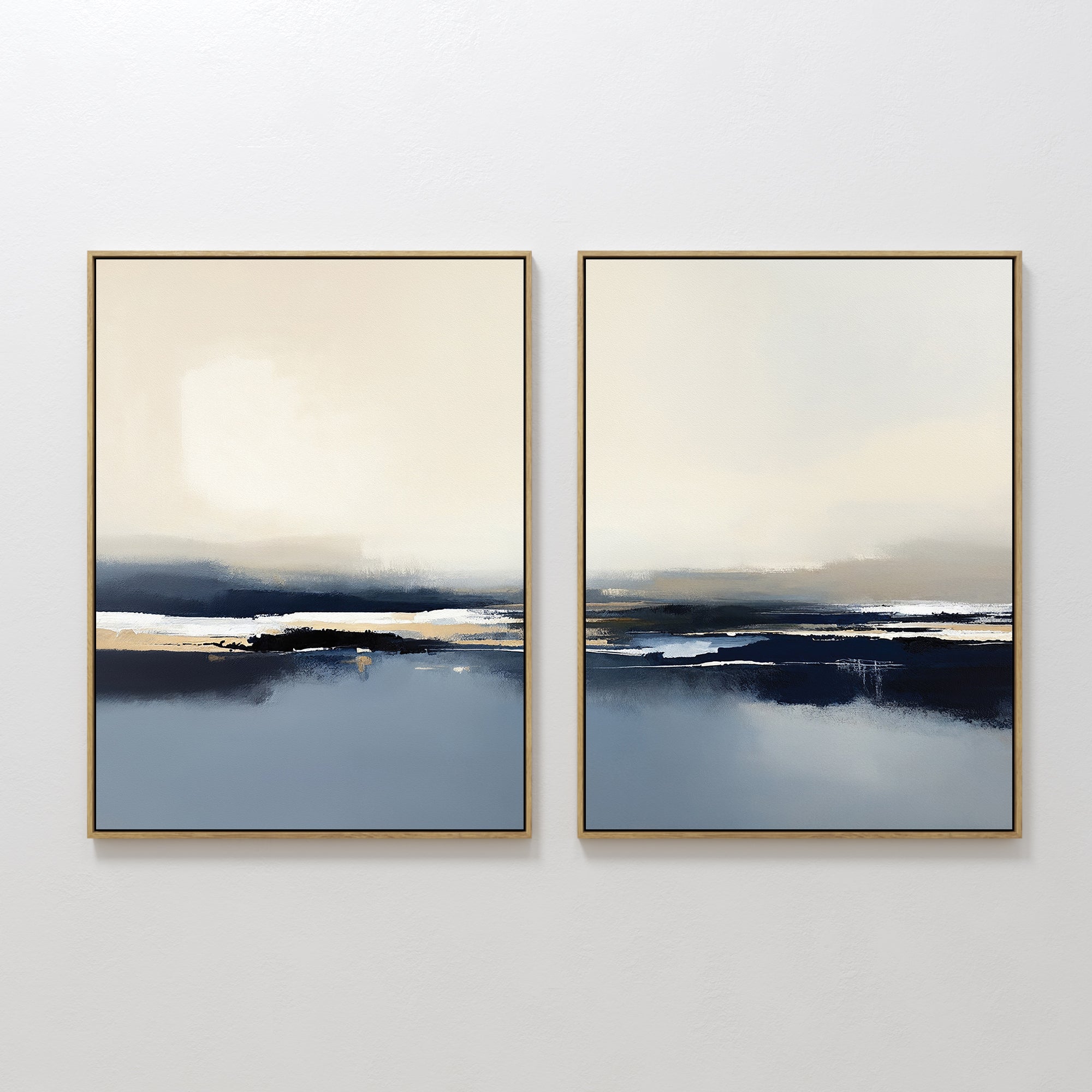 Original hand painted navy blue slate ivory coastal abstract oil painting canvas wall art set of 2, nordic scandinavian elegant luxury modern living r