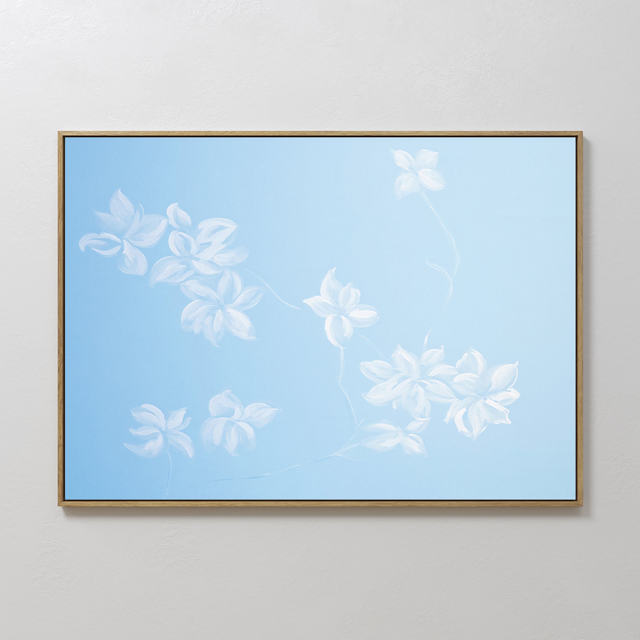 Original hand painted white floral botanical oil painting canvas wall art, soft sky blue nordic scandinavian elegant luxury minimalist modern home dec