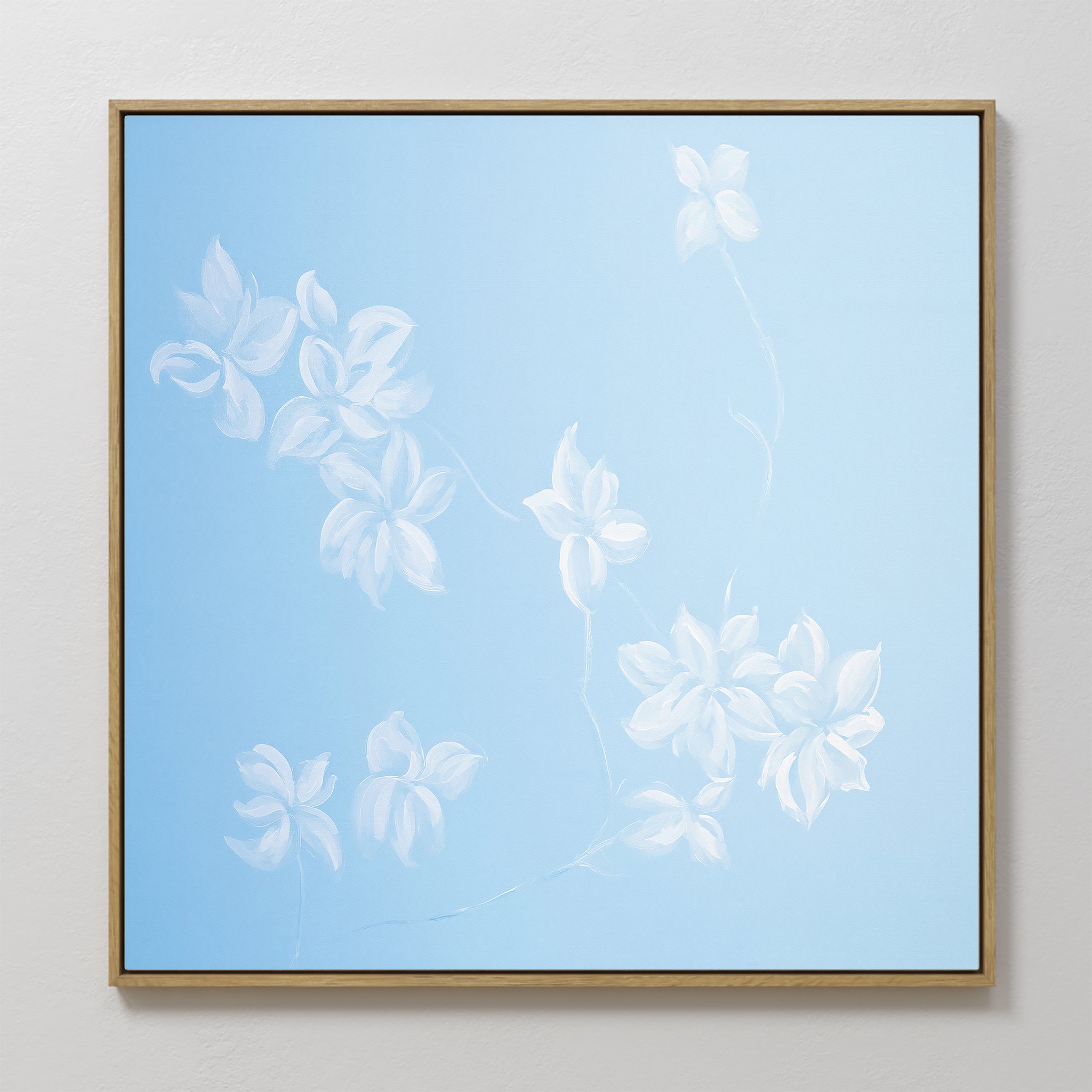 Original hand painted white botanical floral oil painting on sky blue canvas wall art, nordic scandinavian elegant minimalist luxury modern home decor