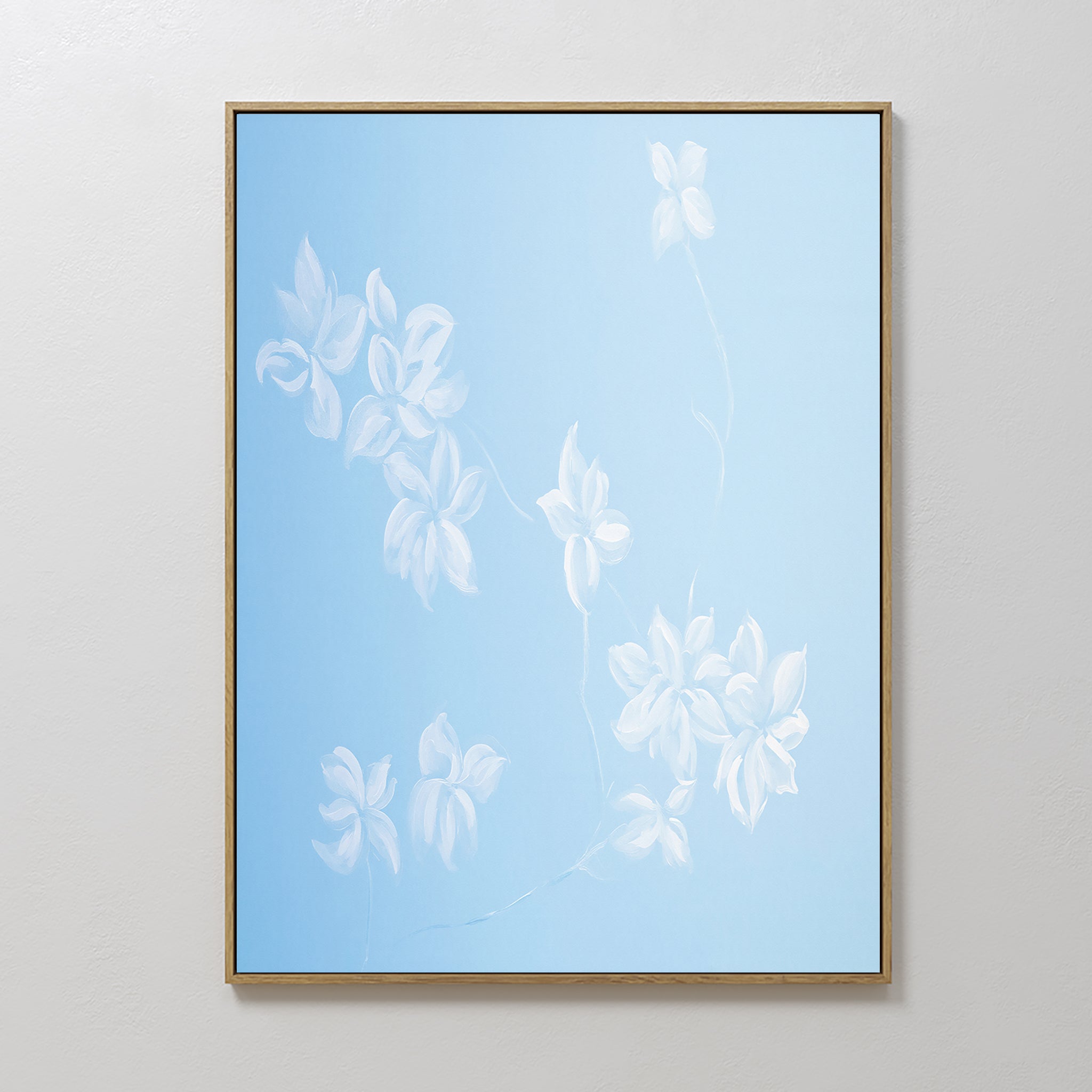 Original hand painted white floral botanical oil painting on sky blue canvas wall art, nordic scandinavian elegant luxury minimalist modern home decor