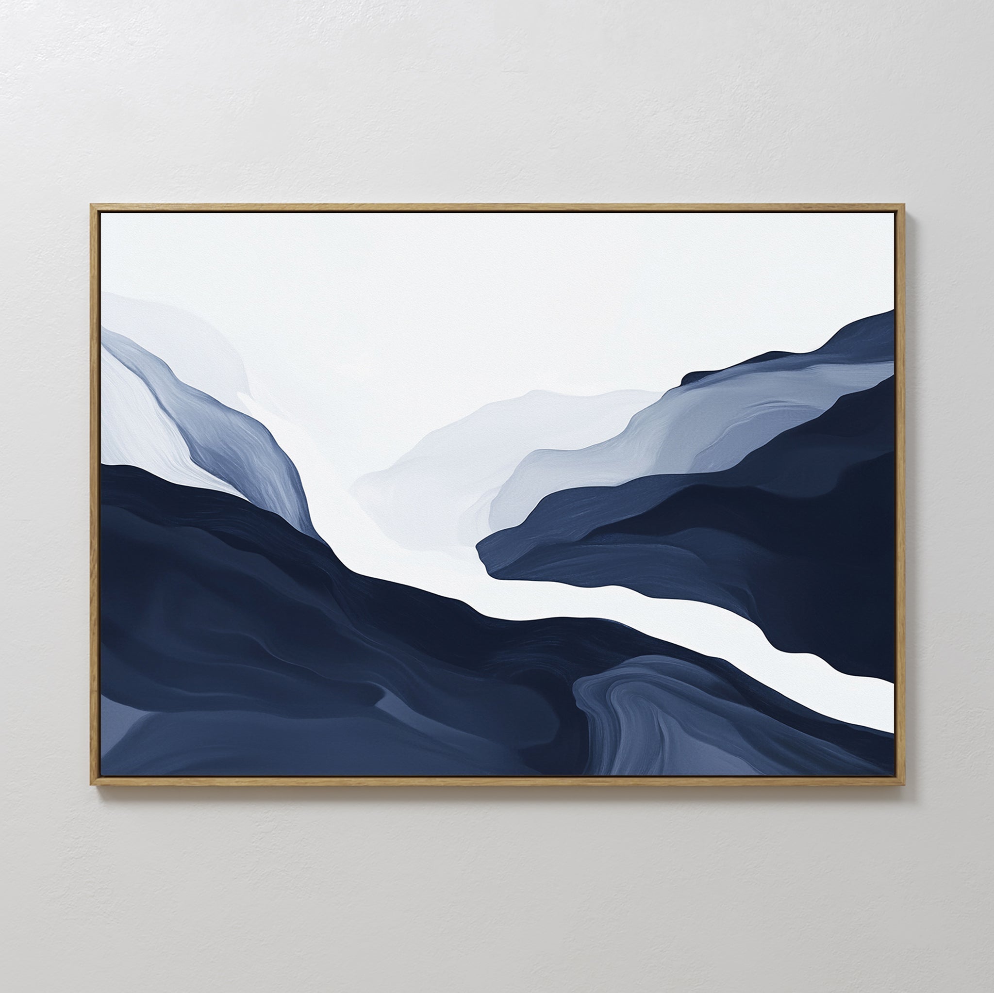 Original hand painted navy blue abstract mountain valley oil painting canvas wall art, nordic scandinavian elegant luxury minimalist modern living roo
