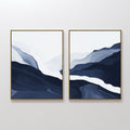 Original hand painted navy blue abstract mountain landscape oil painting set of 2 canvas wall art, nordic scandinavian elegant luxury modern home deco