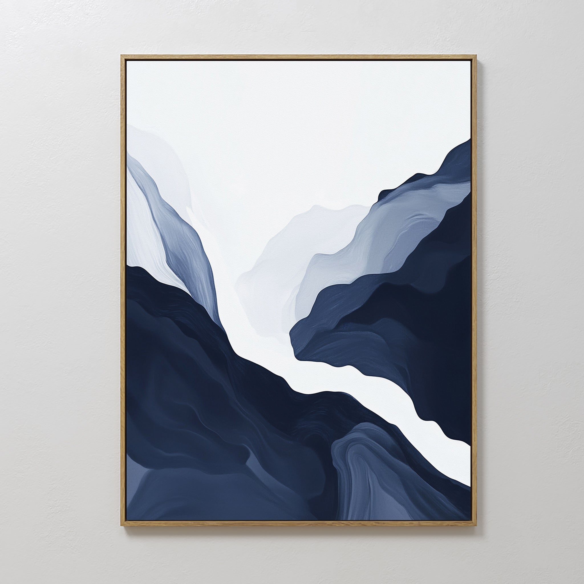 Hand painted original navy indigo abstract oil painting canvas wall art, sweeping organic valleys white mist nordic scandinavian elegant luxury modern
