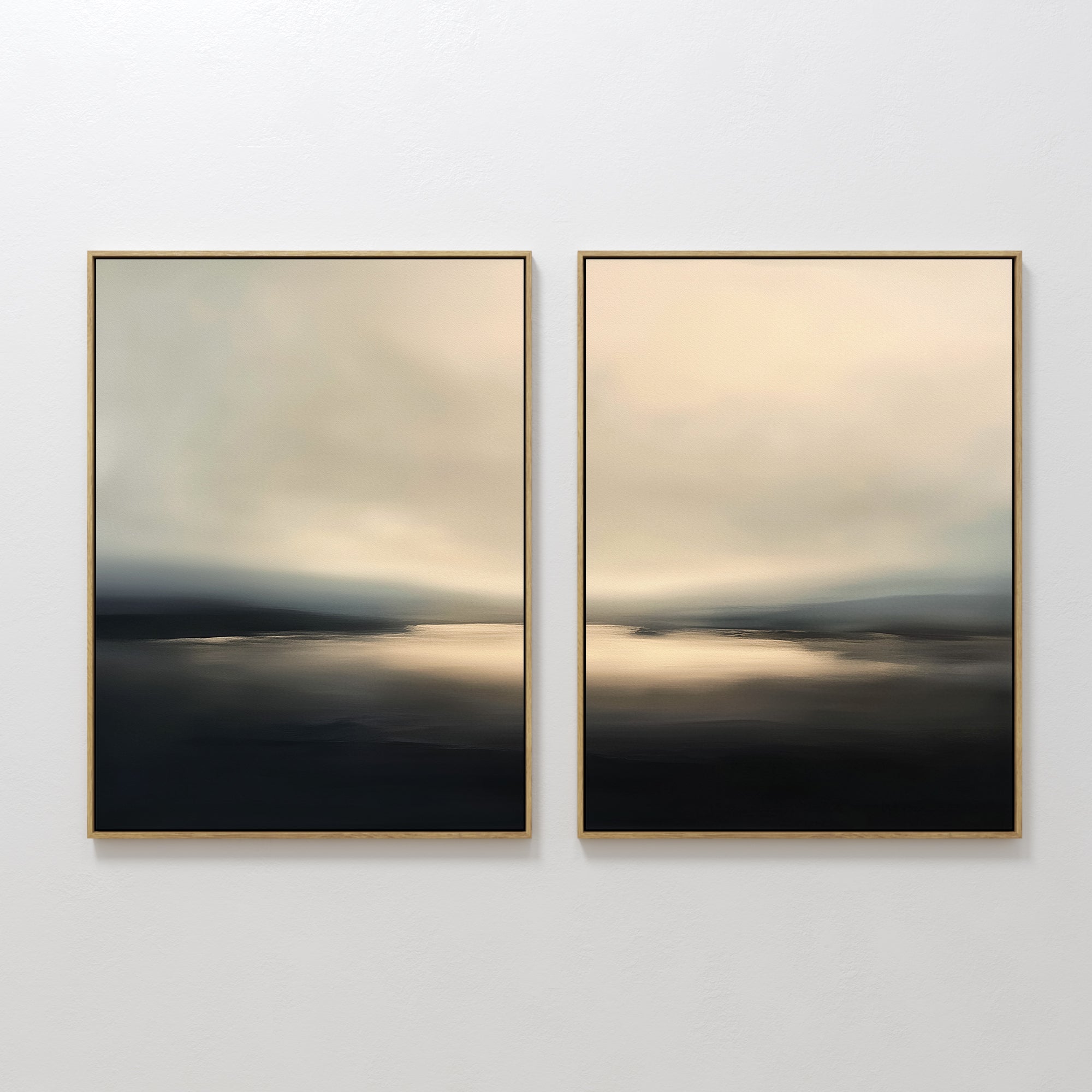 Original hand painted black beige atmospheric landscape diptych oil painting canvas wall art, nordic scandinavian elegant luxury modern living room ho