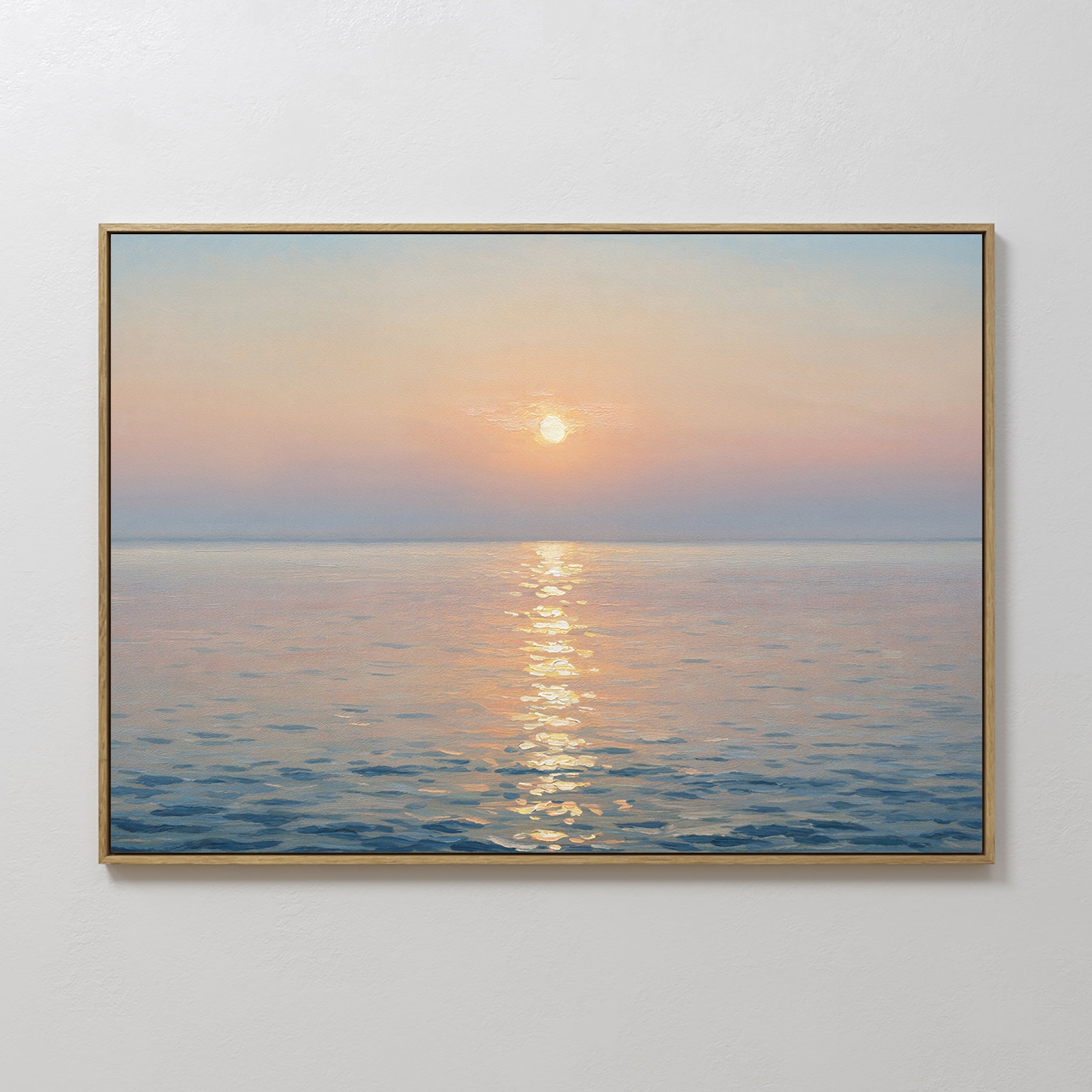 Original hand painted peach golden sunset ocean oil painting canvas wall art, nordic scandinavian coastal elegant luxury minimalist modern living room