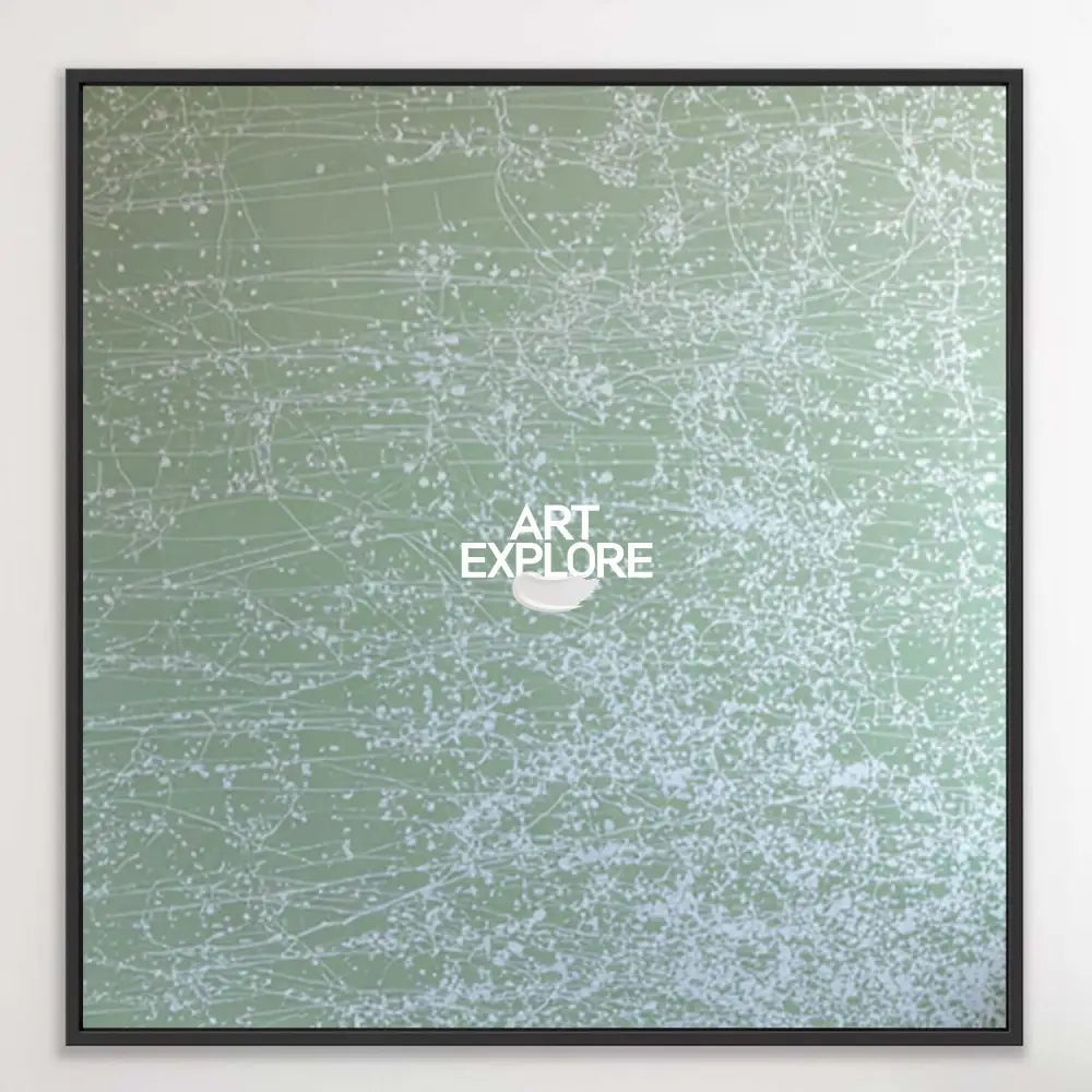 Original hand painted sage green abstract oil painting with white organic frost tracery canvas wall art, nordic scandinavian minimalist