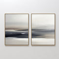 Original hand painted charcoal grey ivory abstract coastal oil painting diptych canvas wall art, nordic scandinavian elegant luxury modern living room
