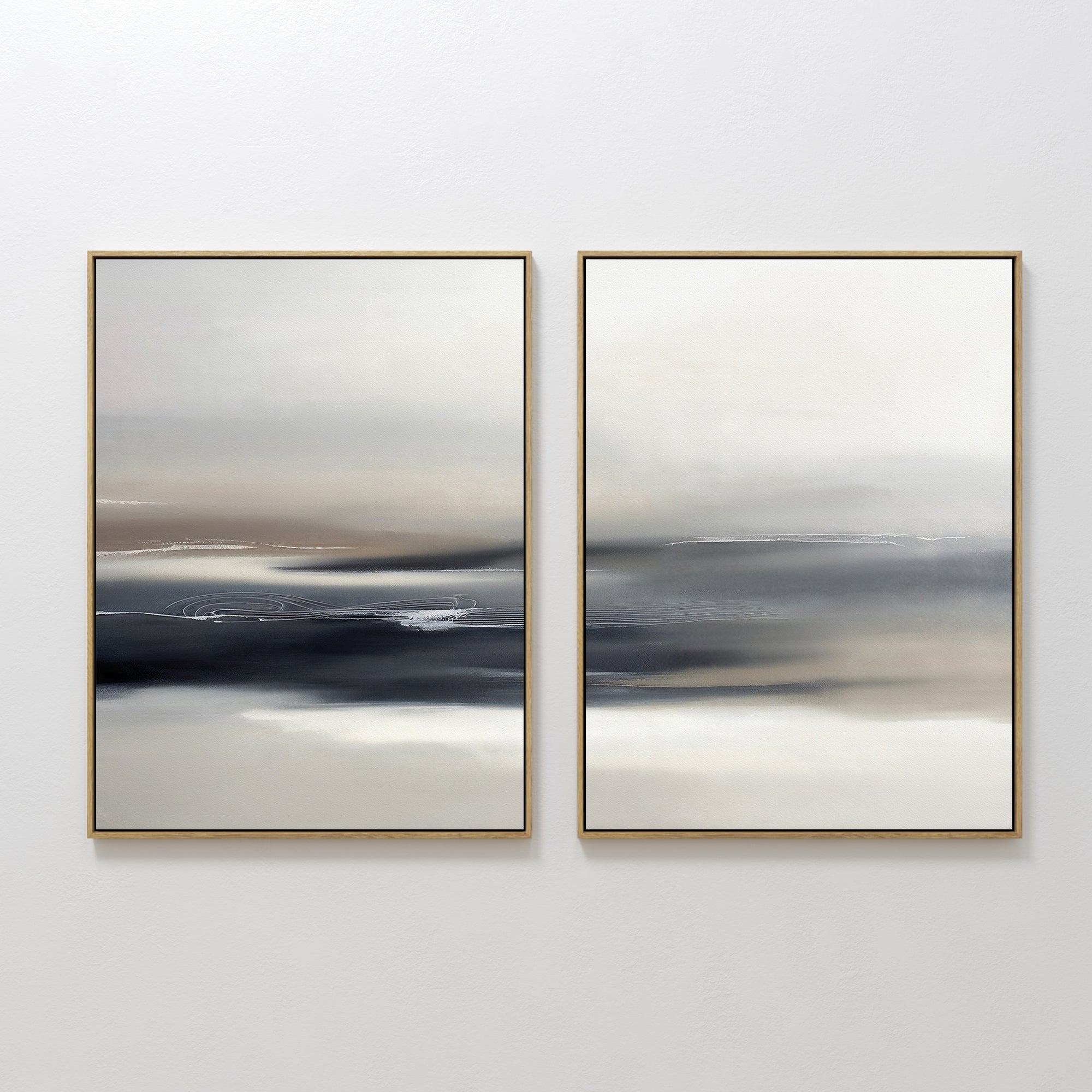 Original hand painted charcoal grey ivory abstract coastal oil painting diptych canvas wall art, nordic scandinavian elegant luxury modern living room