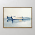 Hand painted original oil painting three blue white rowboats calm water reflection, nordic scandinavian elegant minimalist luxury modern coastal home