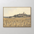 Hand painted original golden wheat field oil painting canvas wall art, hilltop church village vintage landscape elegant luxury nordic scandinavian mod
