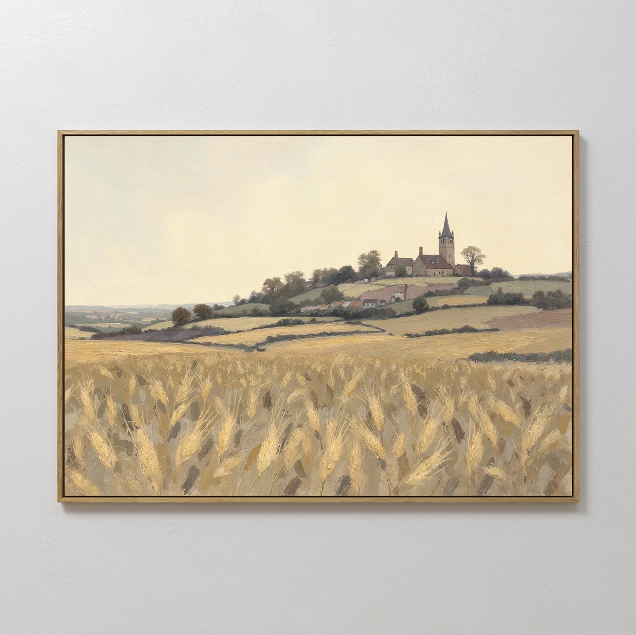 Hand painted original golden wheat field oil painting canvas wall art, hilltop church village vintage landscape elegant luxury nordic scandinavian mod