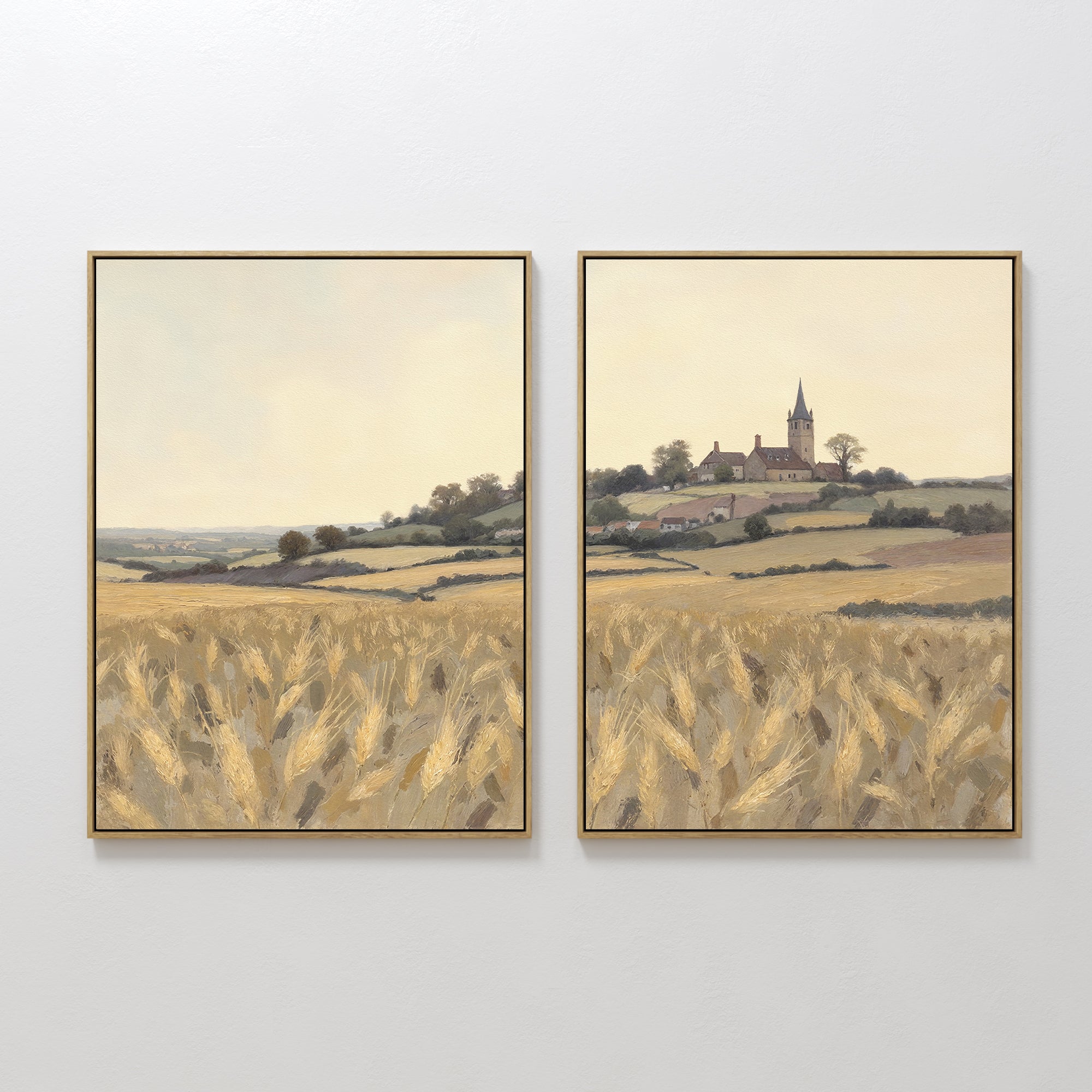 Hand painted original oil painting golden wheat field hilltop church village canvas wall art nordic elegant luxury vintage modern home decor interior