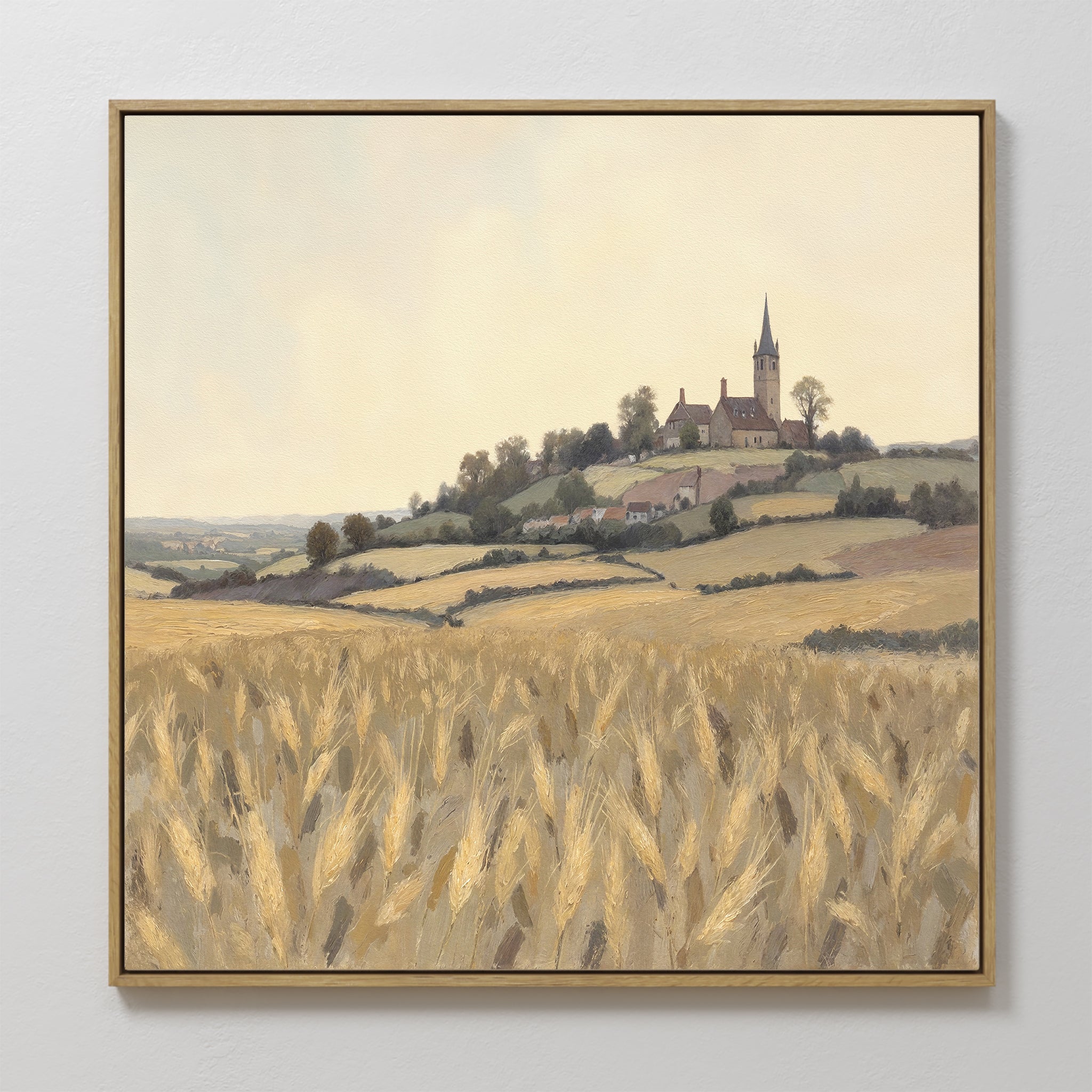 Hand painted original oil painting golden wheat field hilltop church village warm amber green canvas wall art elegant luxury nordic modern interior ho